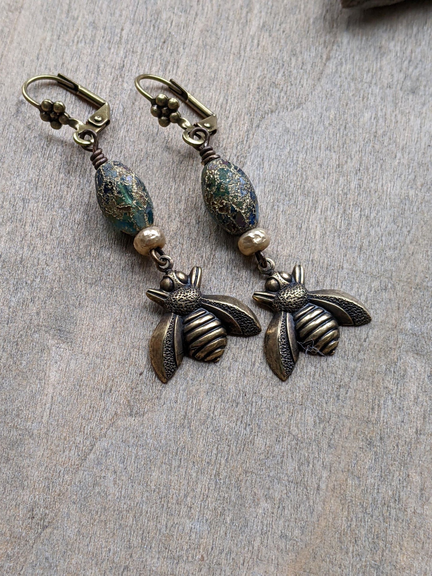 Summer Garden Bee Earrings Blue Glass and Brass