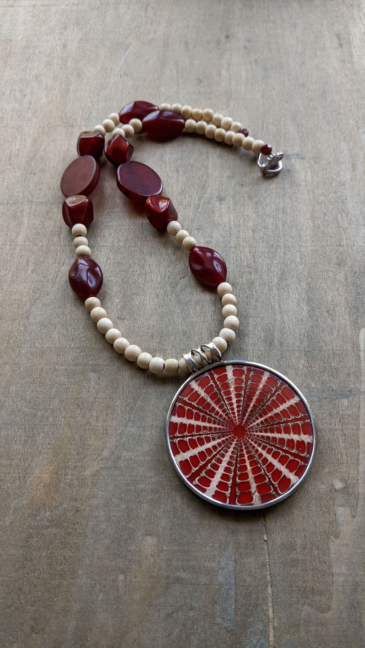 Wood and Red Bead Statement Necklace
