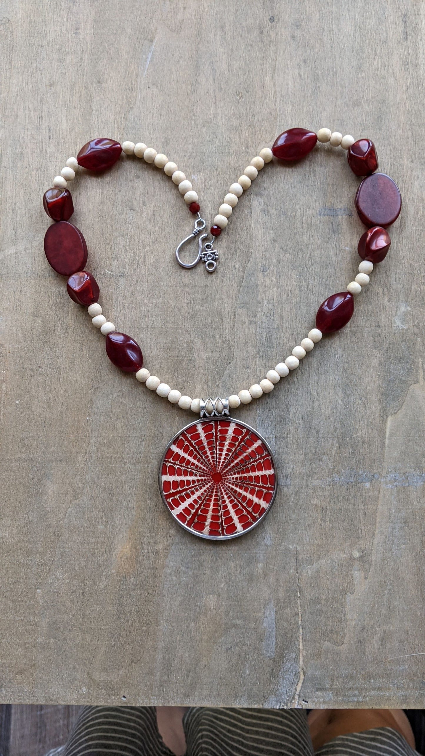Wood and Red Bead Statement Necklace