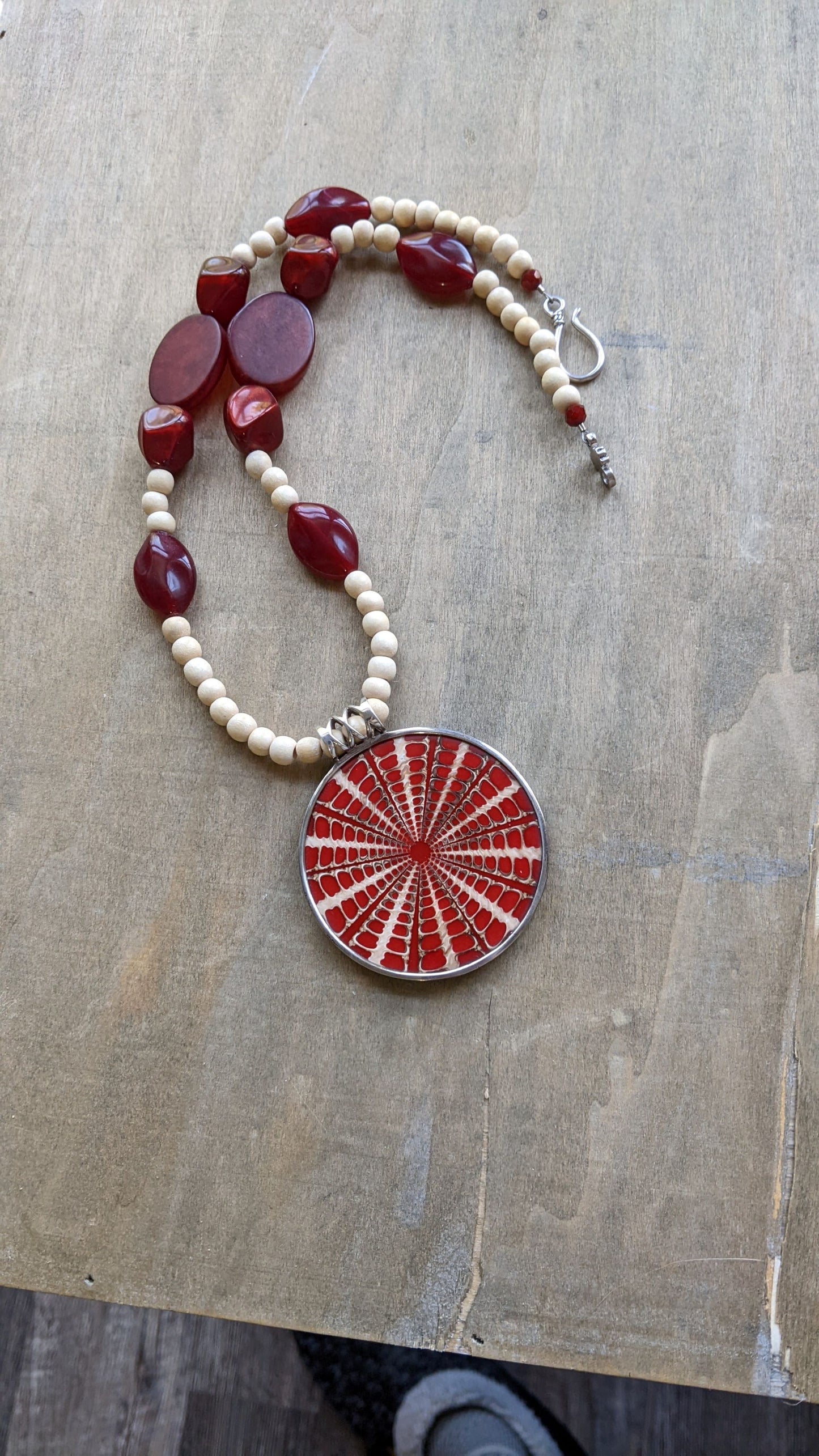 Wood and Red Bead Statement Necklace