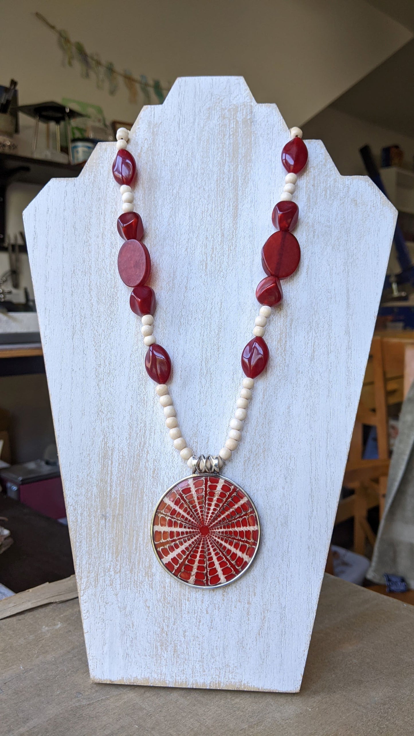 Wood and Red Bead Statement Necklace