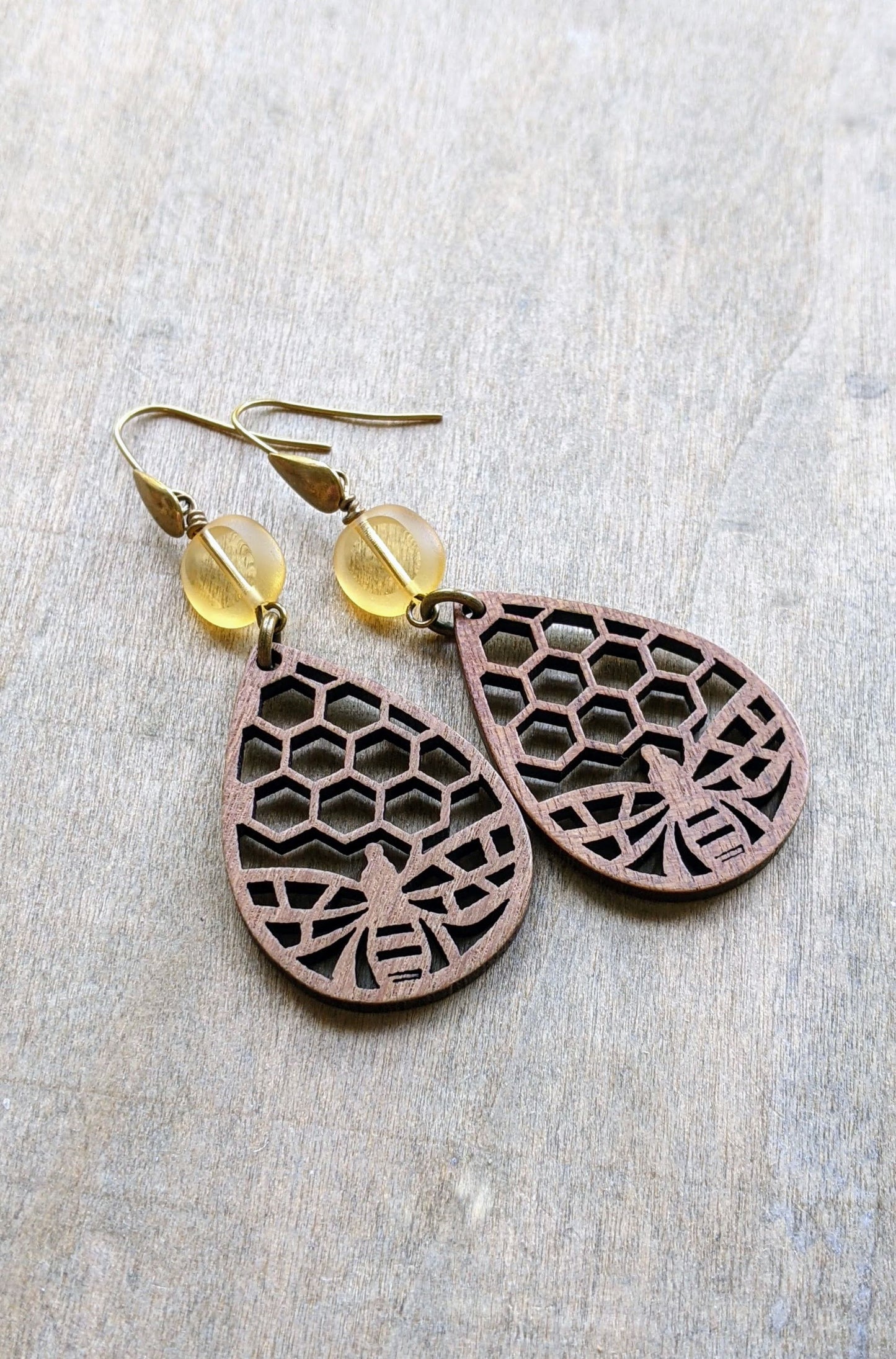 Bee Earrings Wood Tear Drop and Glass