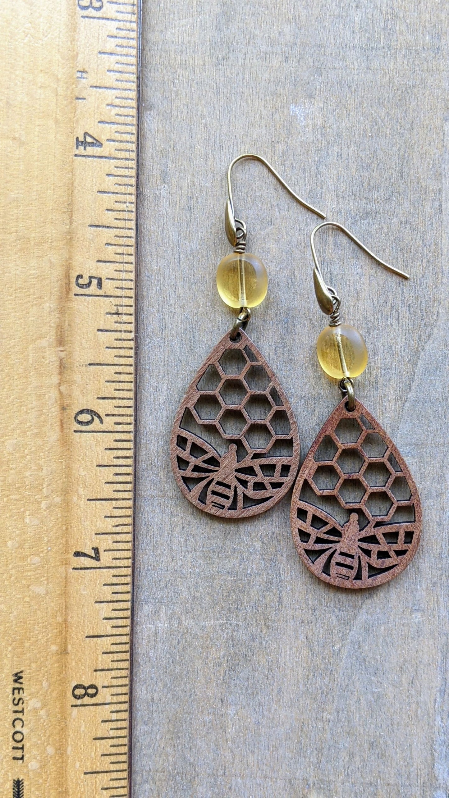 Bee Earrings Wood Tear Drop and Glass