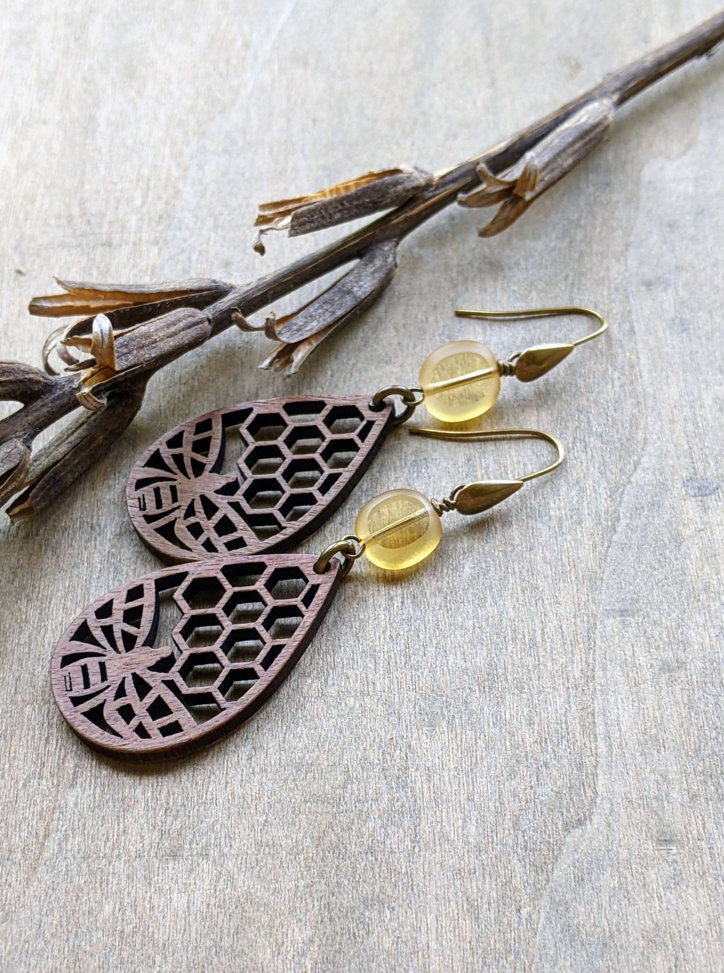 Bee Earrings Wood Tear Drop and Glass