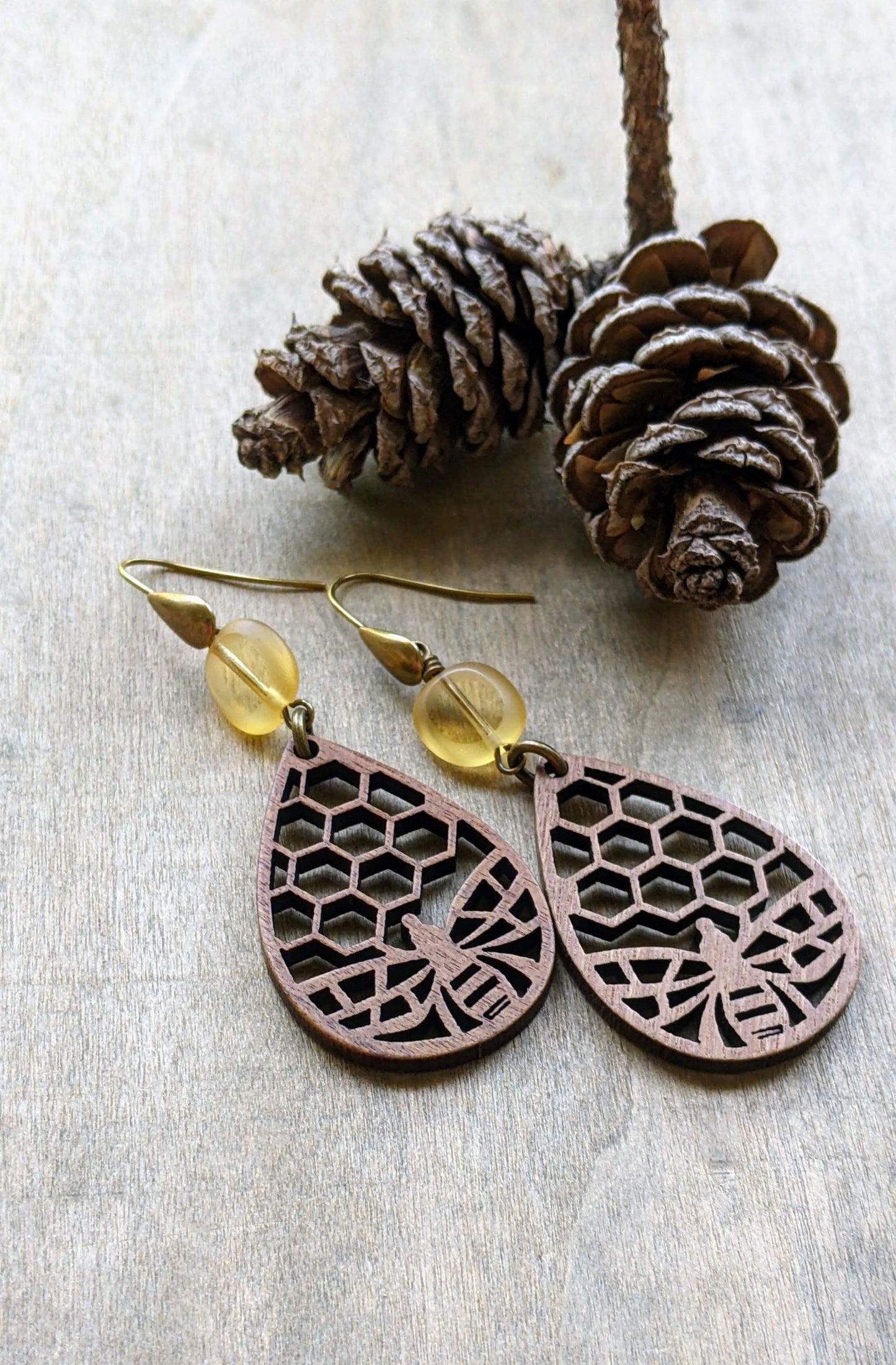 Bee Earrings Wood Tear Drop and Glass