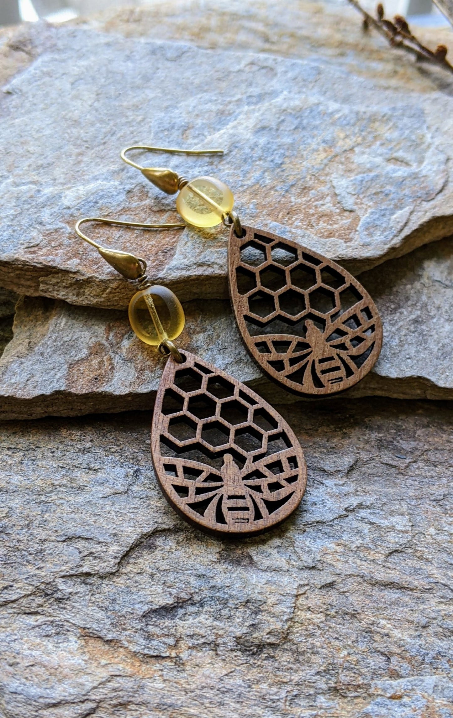 Bee Earrings Wood Tear Drop and Glass