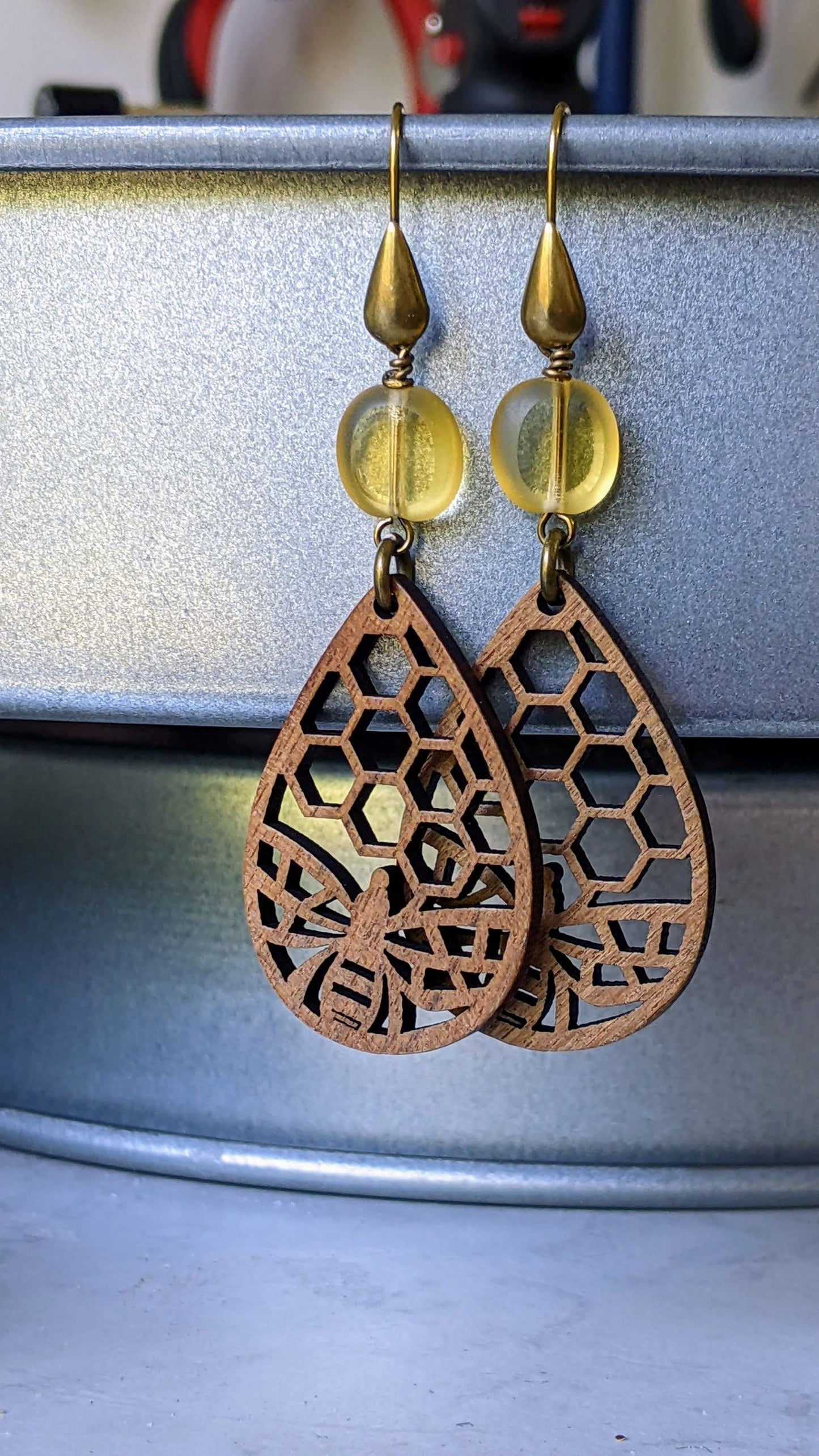 Bee Earrings Wood Tear Drop and Glass