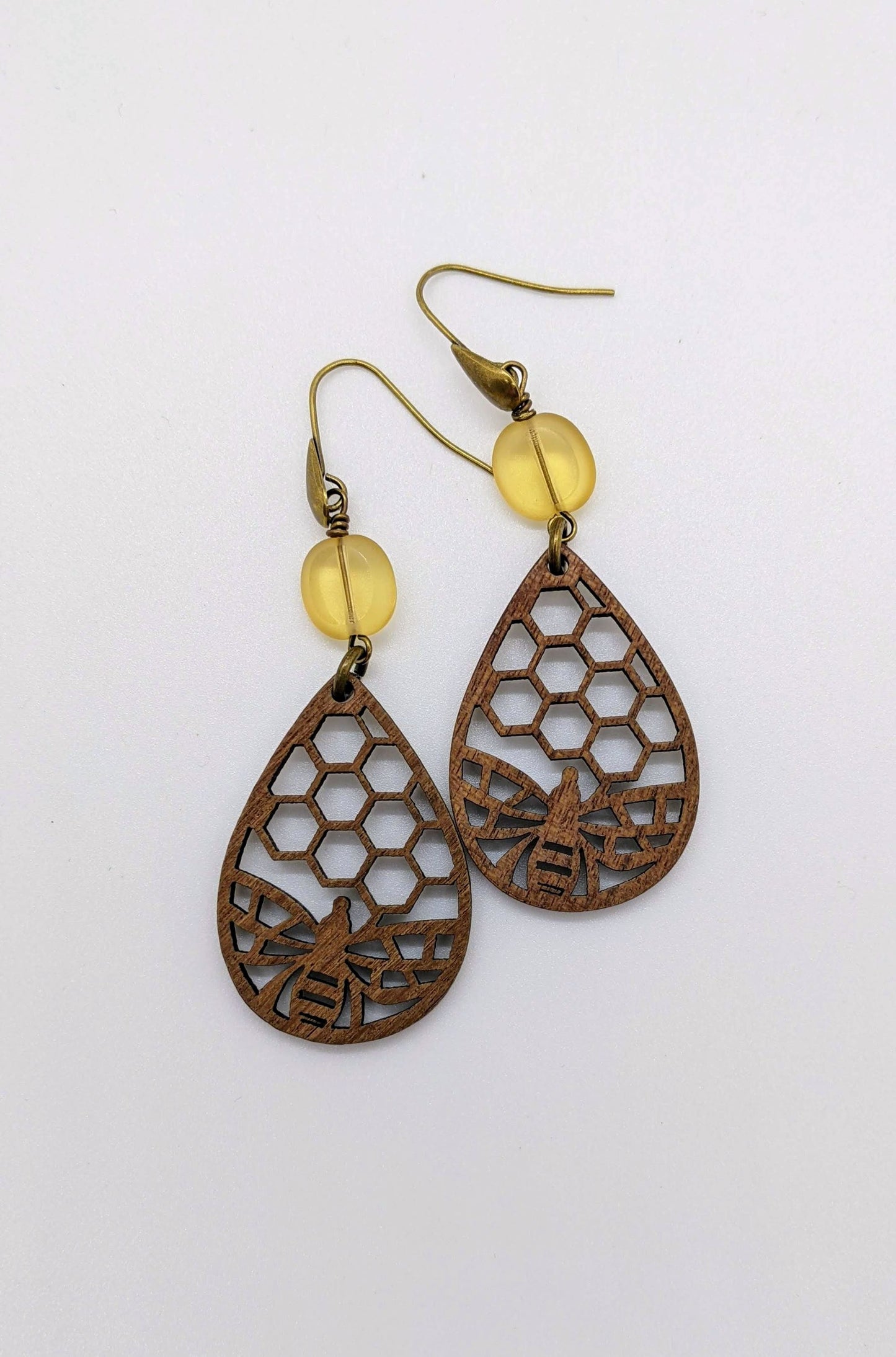 Bee Earrings Wood Tear Drop and Glass