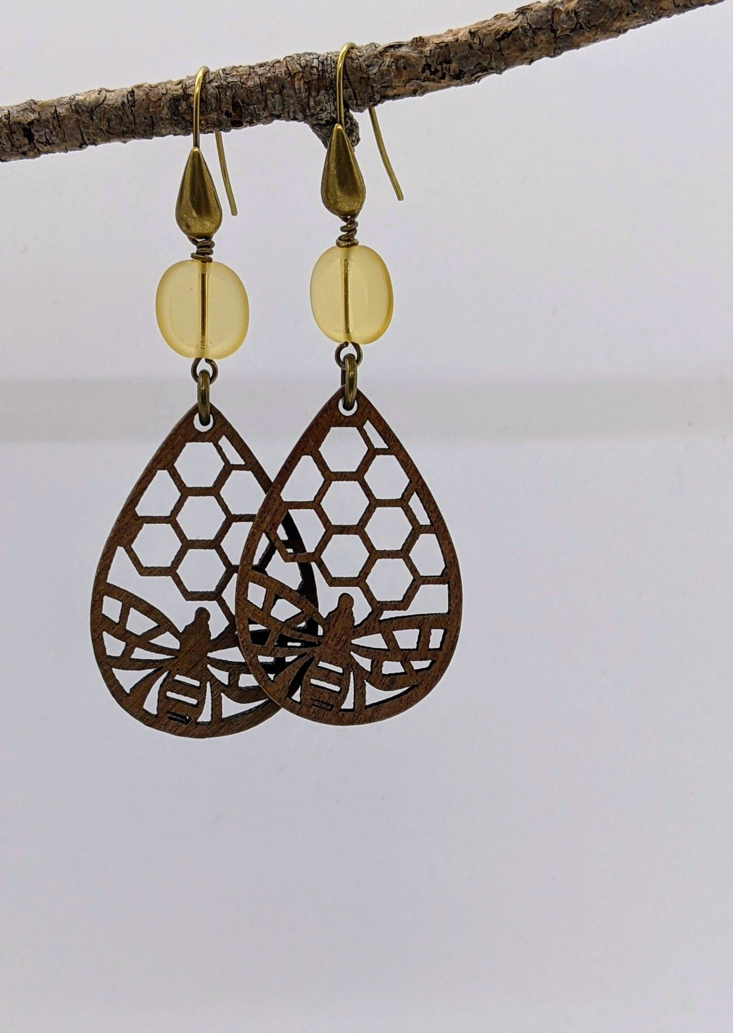 Bee Earrings Wood Tear Drop and Glass