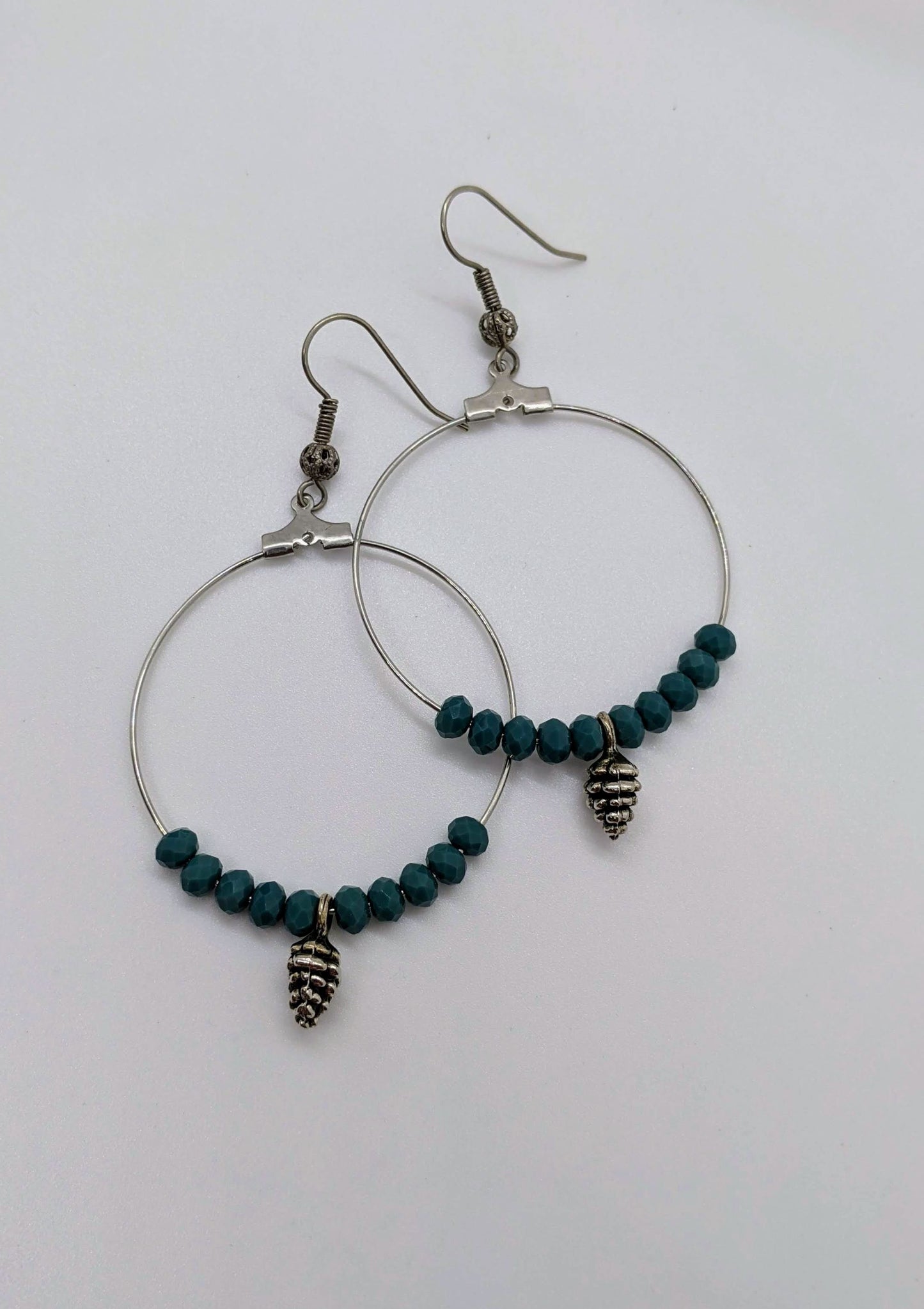 Hoop Earrings with Pine Cone and Blue Glass