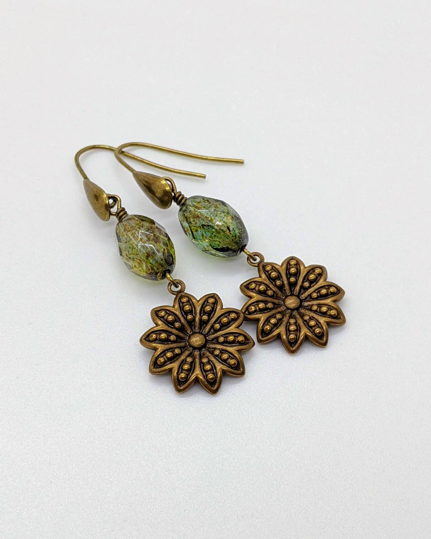 Daisy Earrings Green Glass and Brass