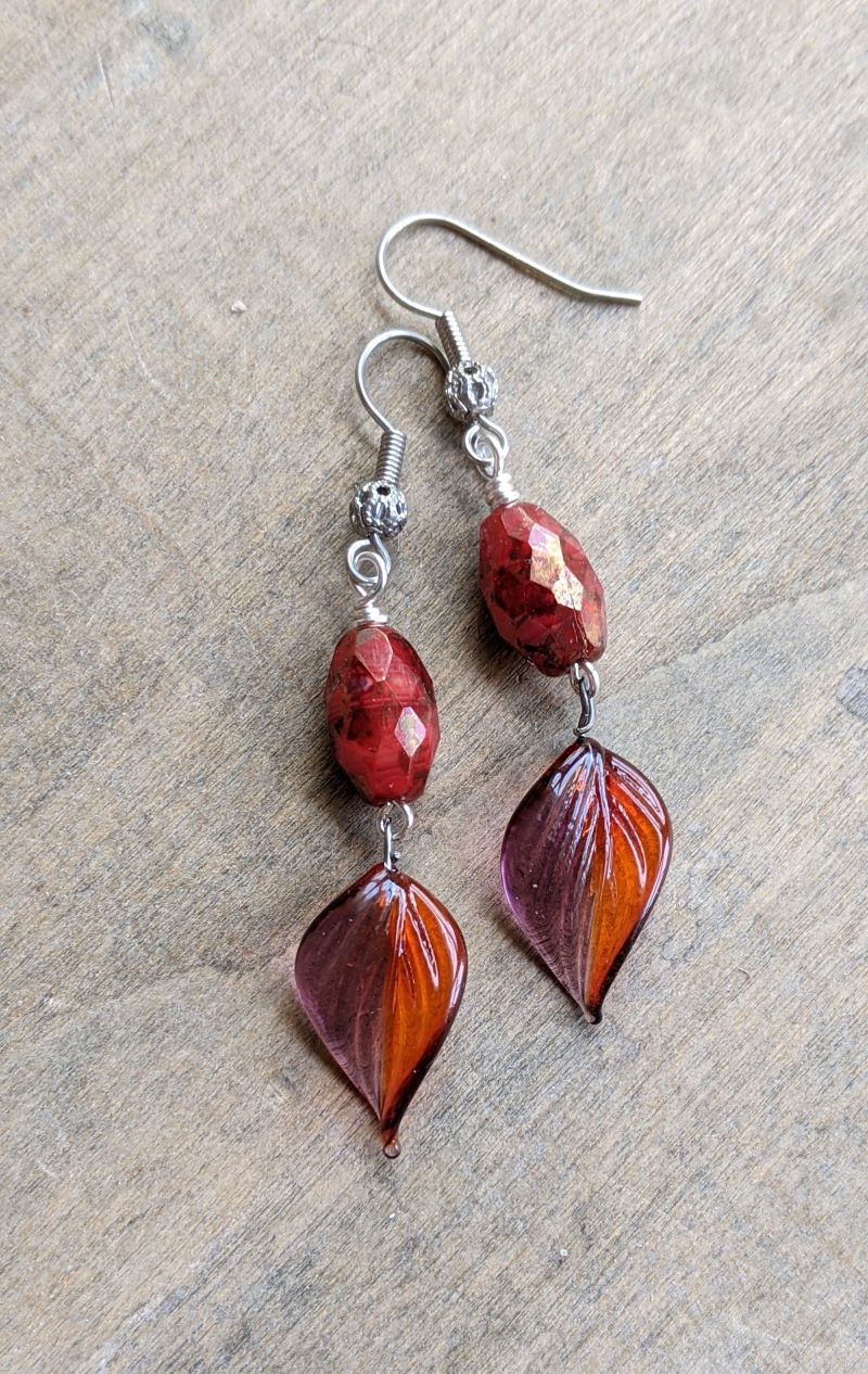 Leaf Earrings Lampworked Glass