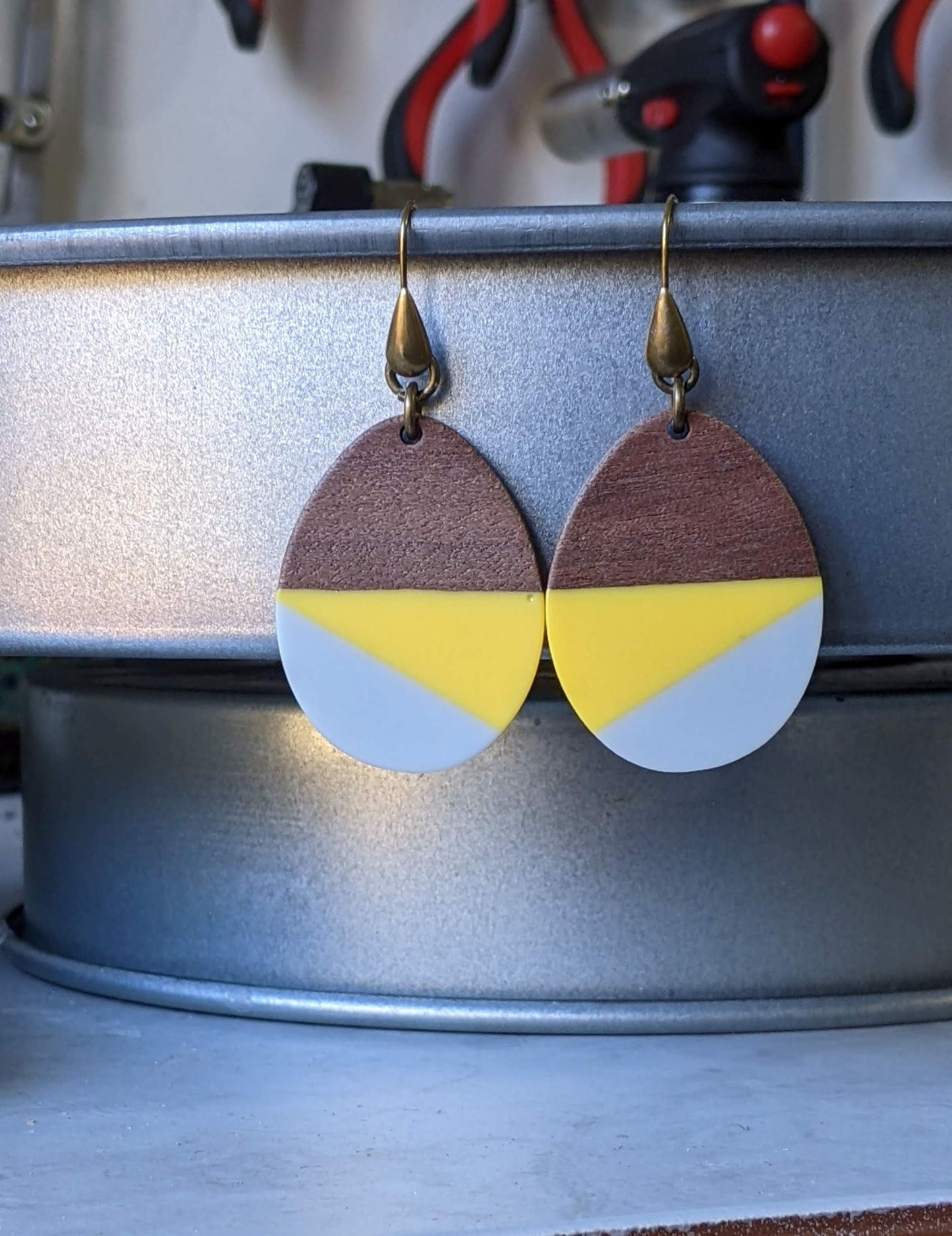 Color Block Earrings Resin and Walnut Wood