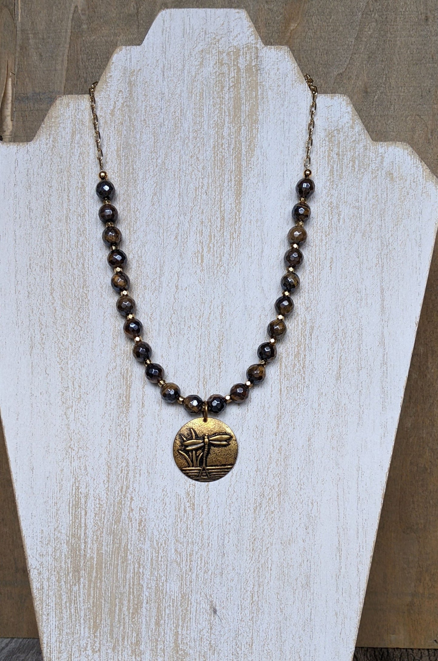 Dragonfly Necklace Silvered Bronzite and Brass
