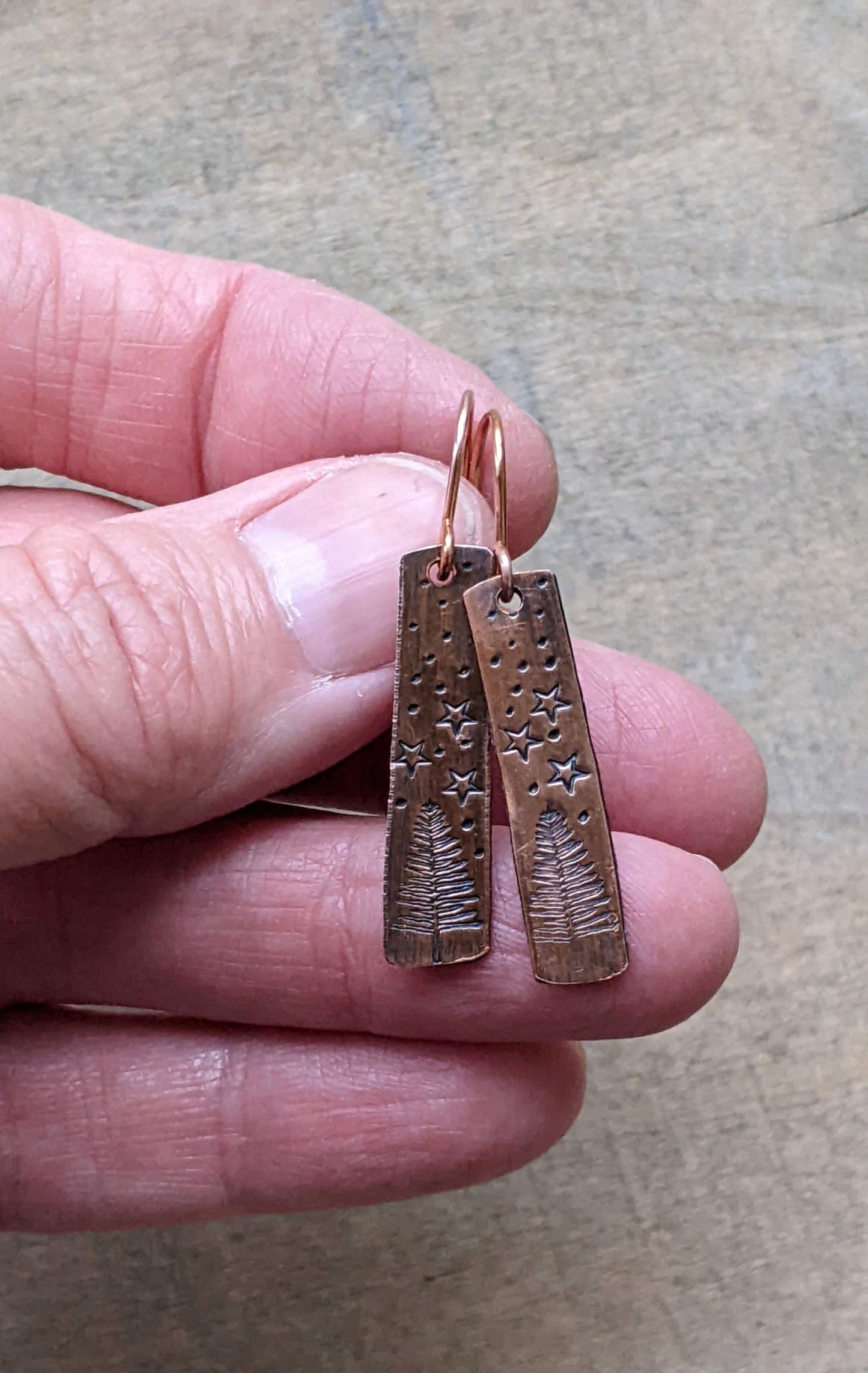 Stamped Copper Earrings Starry Winter Night