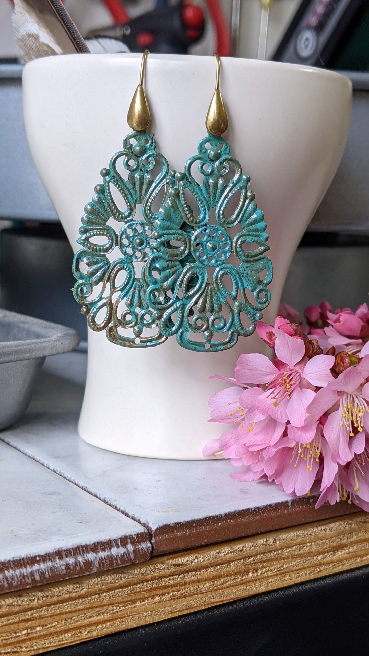 Filigree Teardrops with Mossy Patina