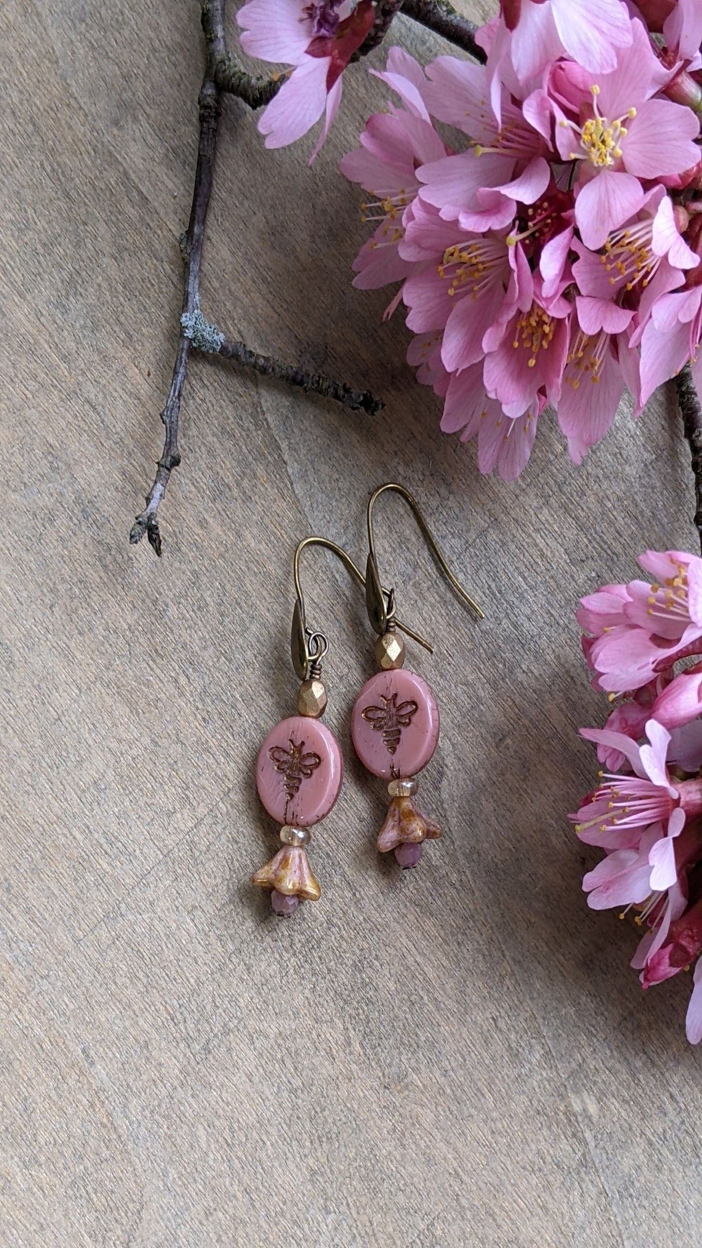 Bee Earrings Pink Glass ~ Welcome Spring