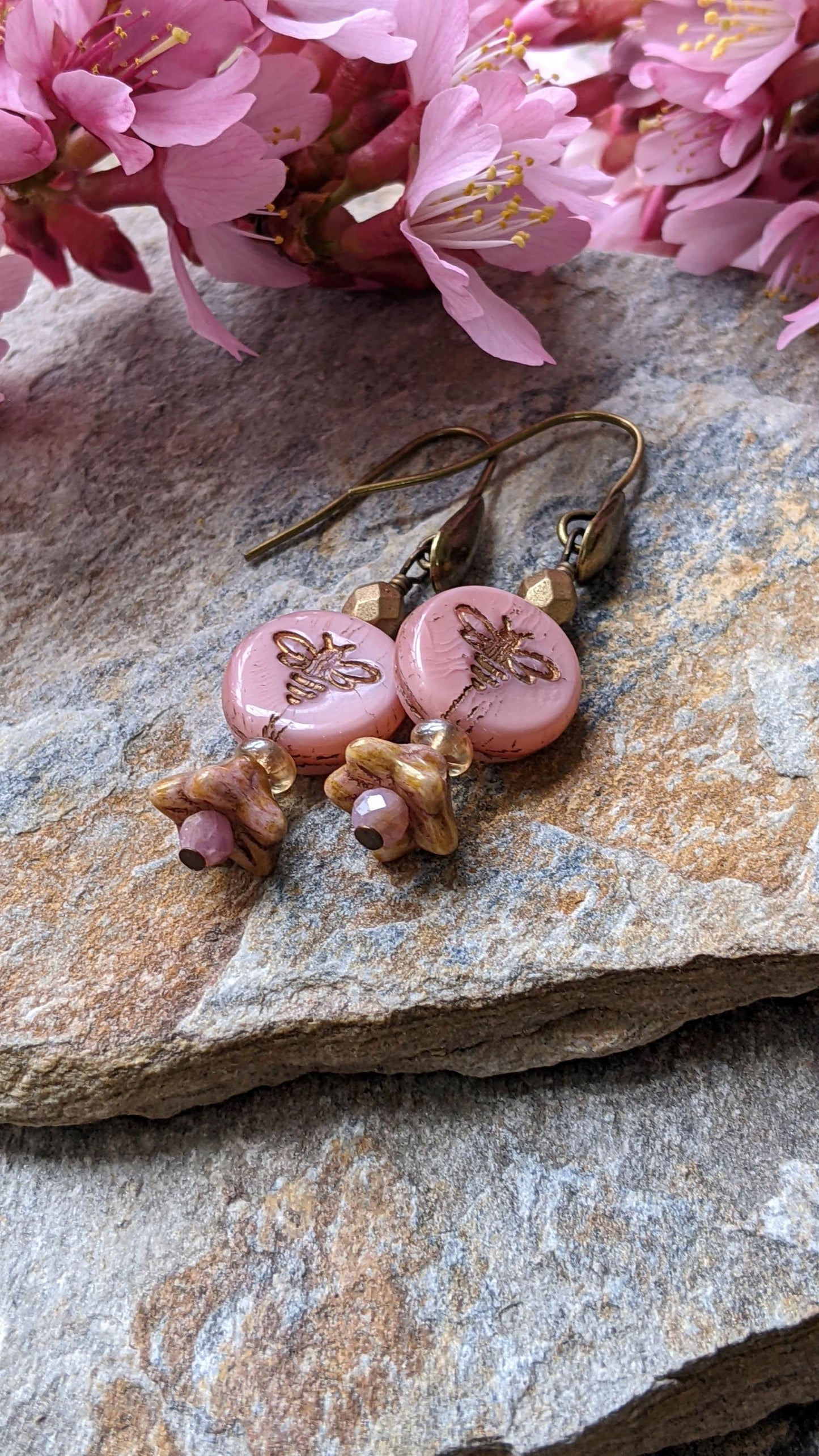Bee Earrings Pink Glass ~ Welcome Spring