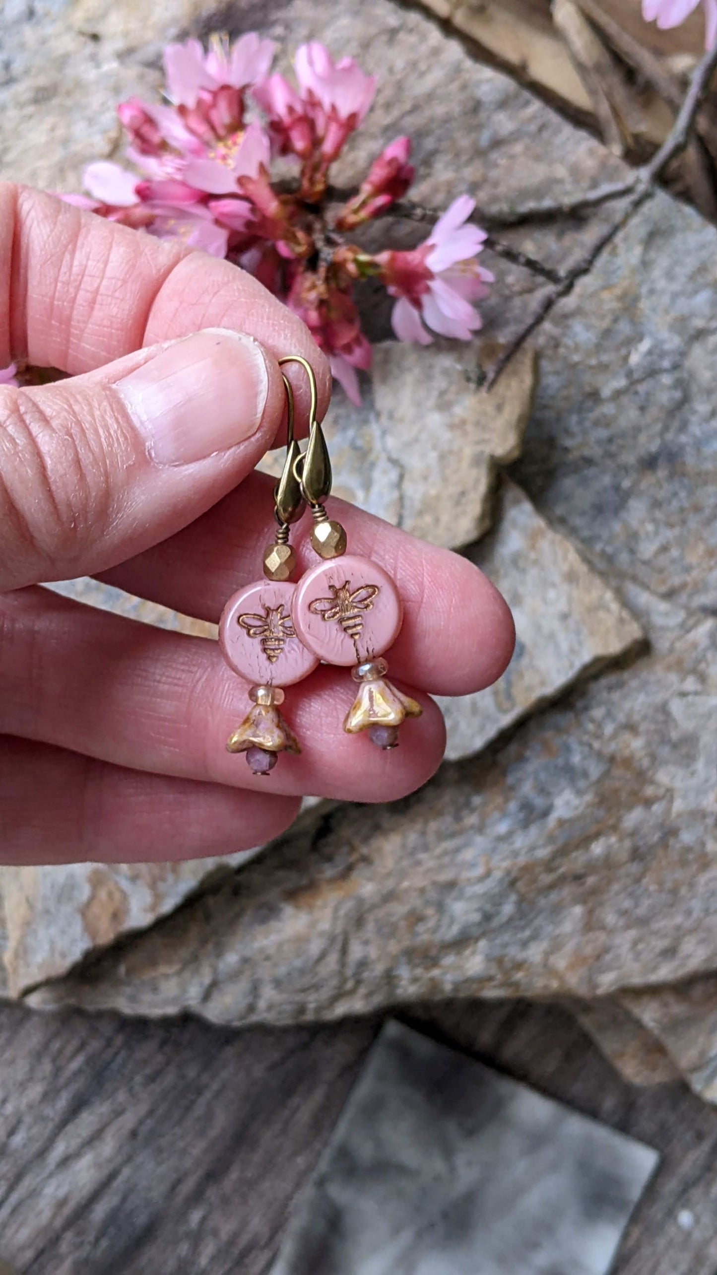 Bee Earrings Pink Glass ~ Welcome Spring