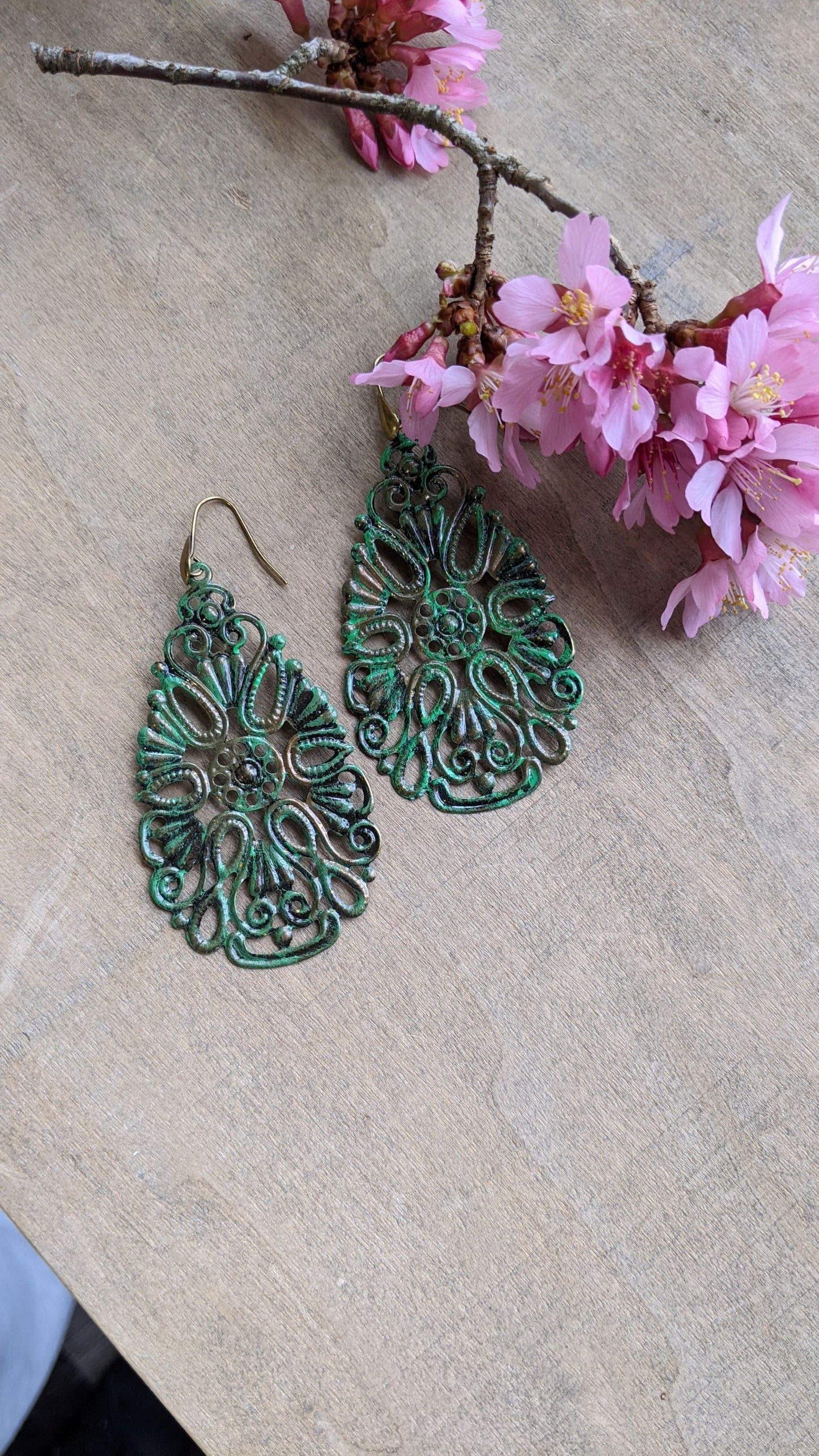 Large Filigree Tear Drop Earrings Mossy Green