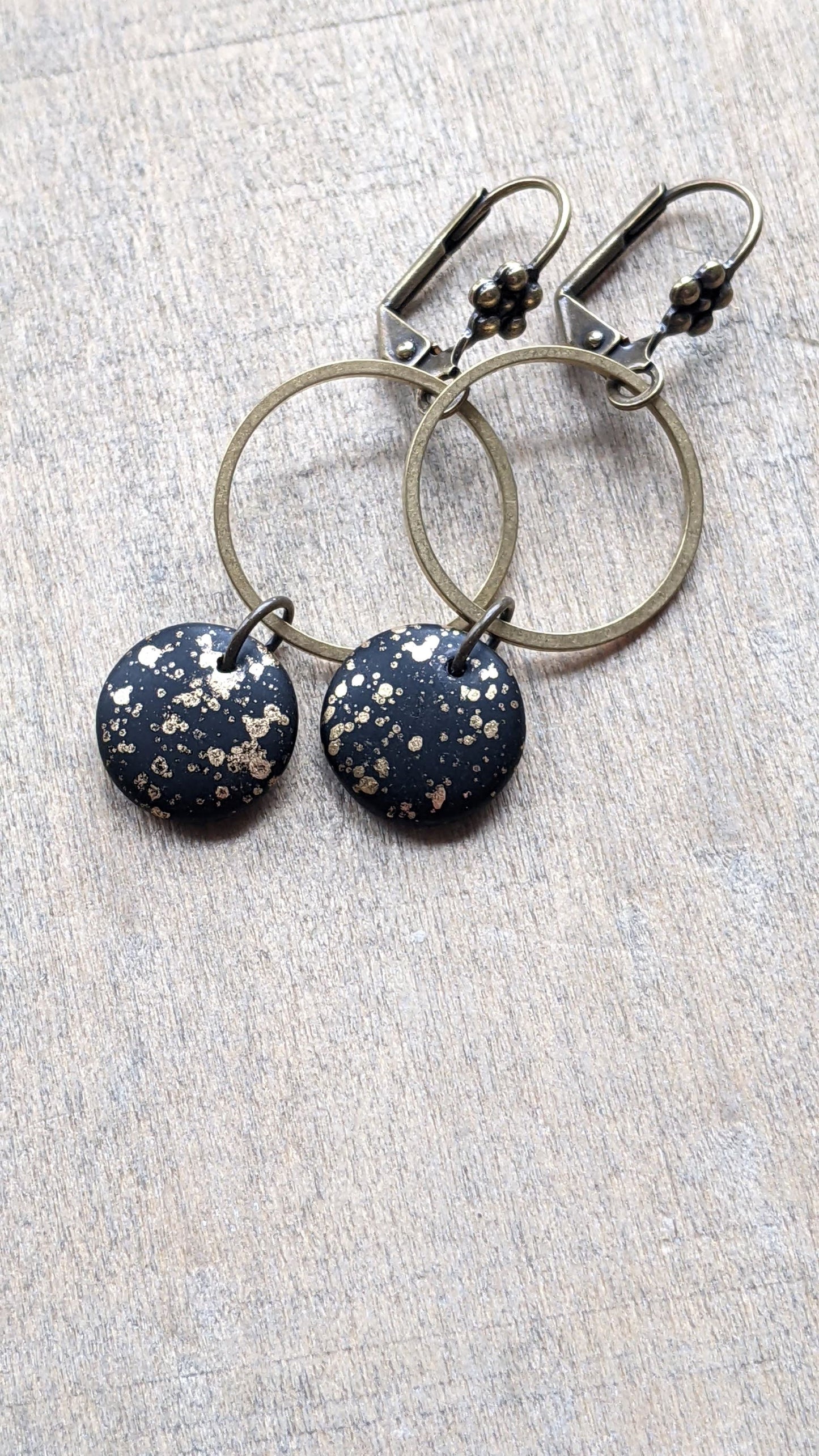 Starry Night Skies ~ Brass and Gold Speckled Black Glass Earrings