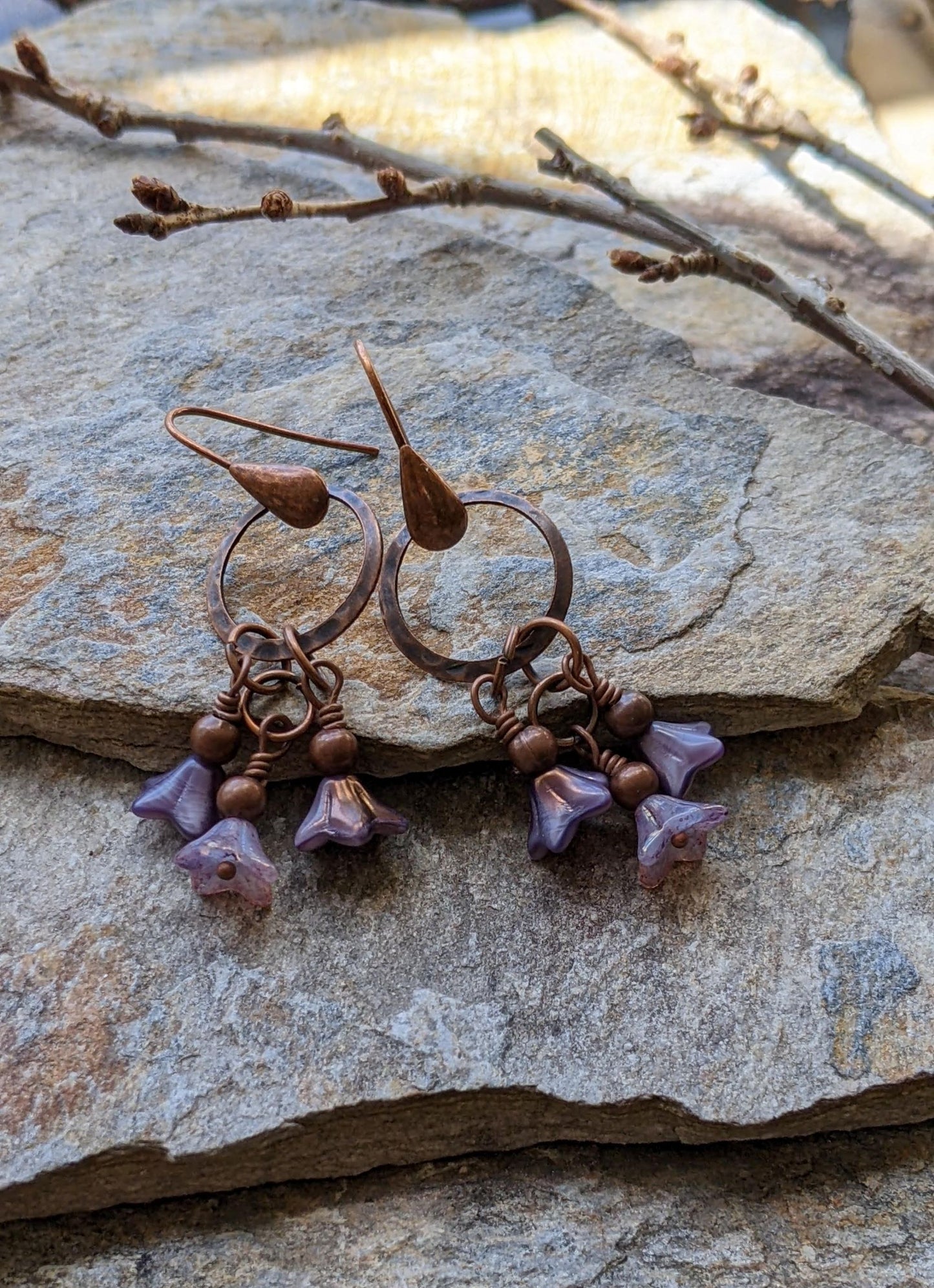 Flower Dangle Earrings Purple and Copper