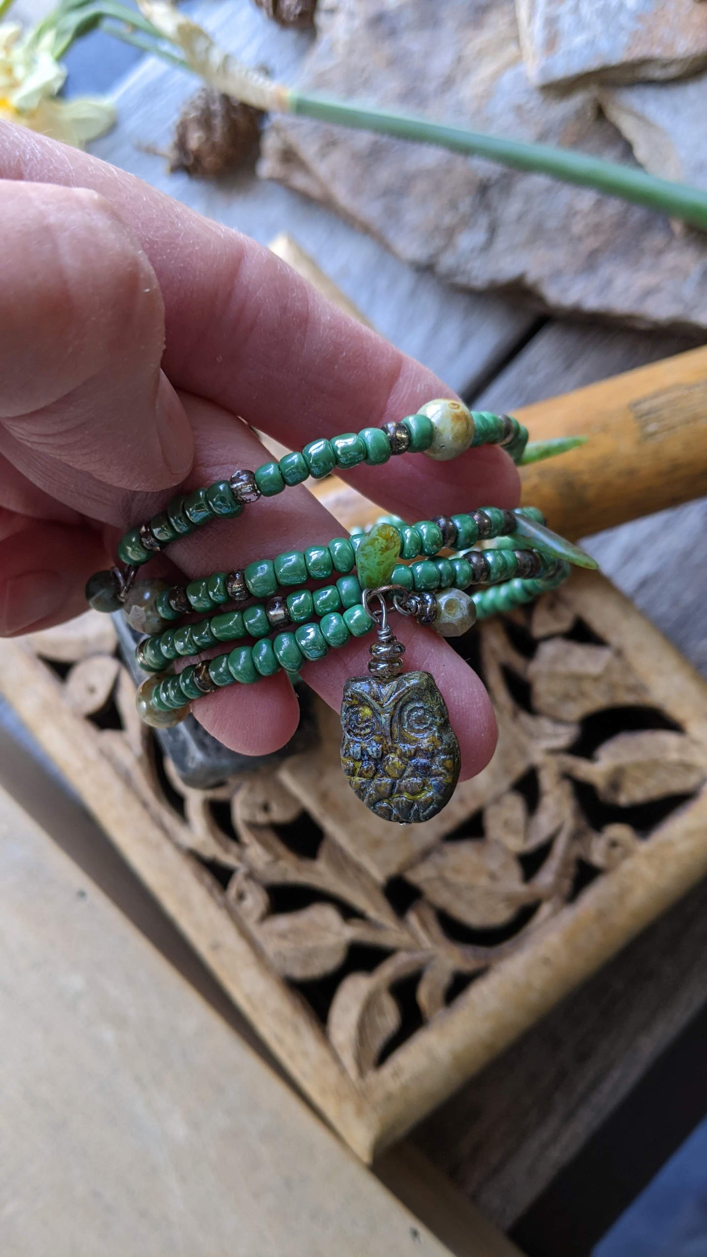 Beaded Memory Wire Bracelet ~ Green