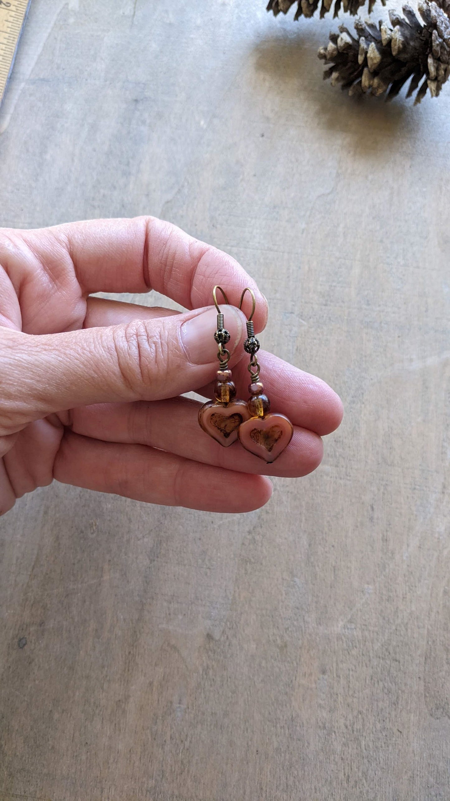 Heart Earrings ~ Pink Glass and Brass