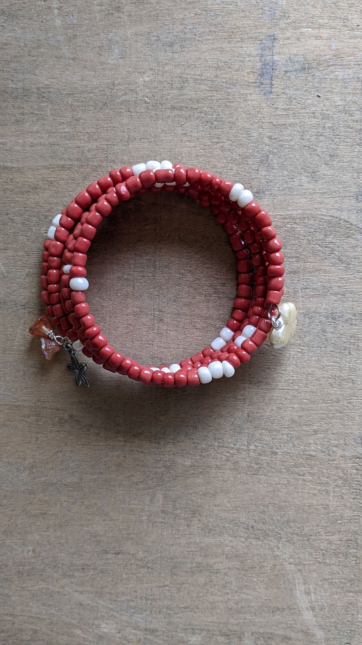 Beaded Memory Wire Bracelet ~ Burnt Orange and Cream Glass