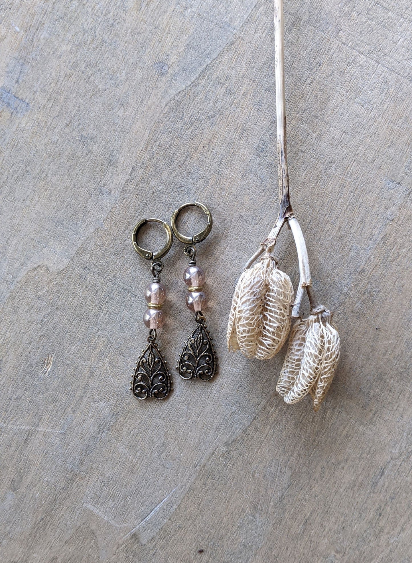 Delicate Filigree Earrings ~ Peach Glass
