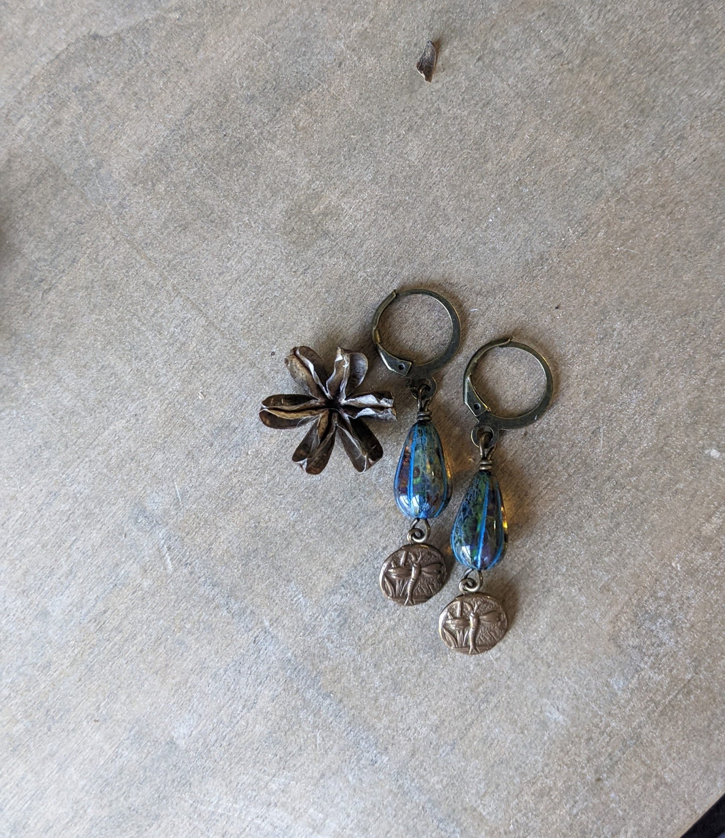 Dragonfly Earrings ~ Blue Glass Teardrop