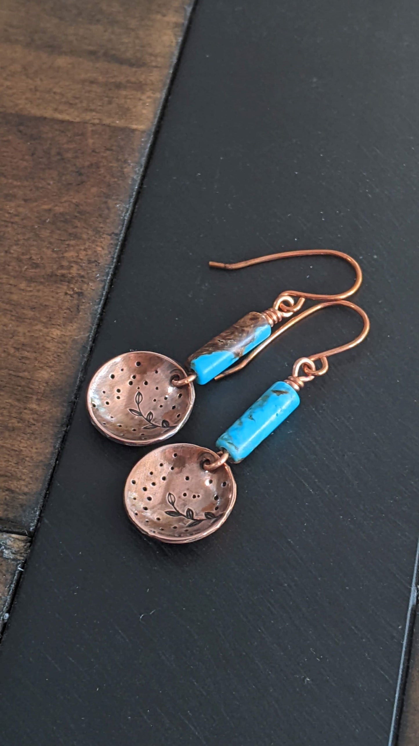 Copper Disc Earrings ~ Blue and Brown Stones
