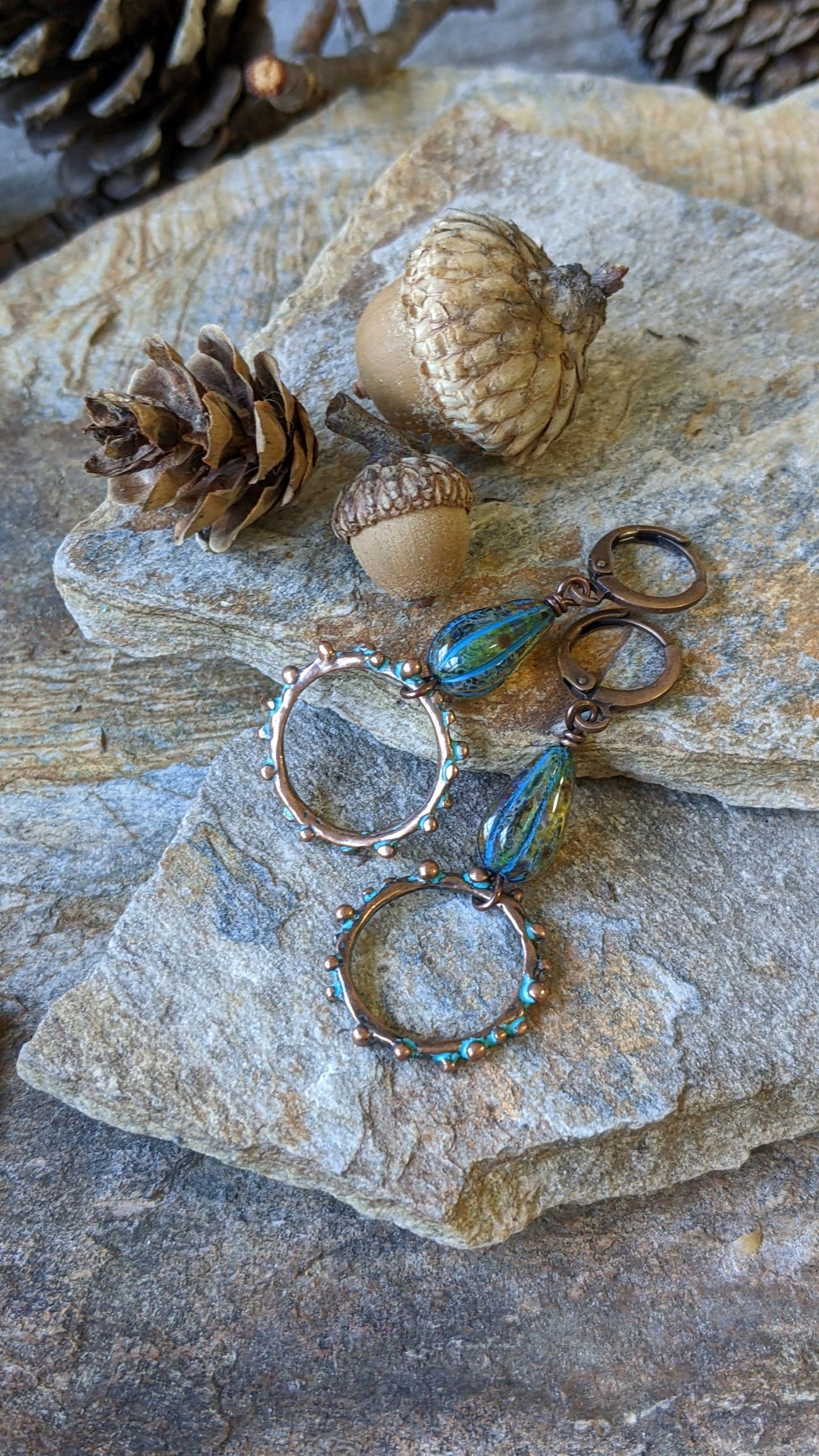 Blue Patina Copper and Glass Tear Drop Earrings