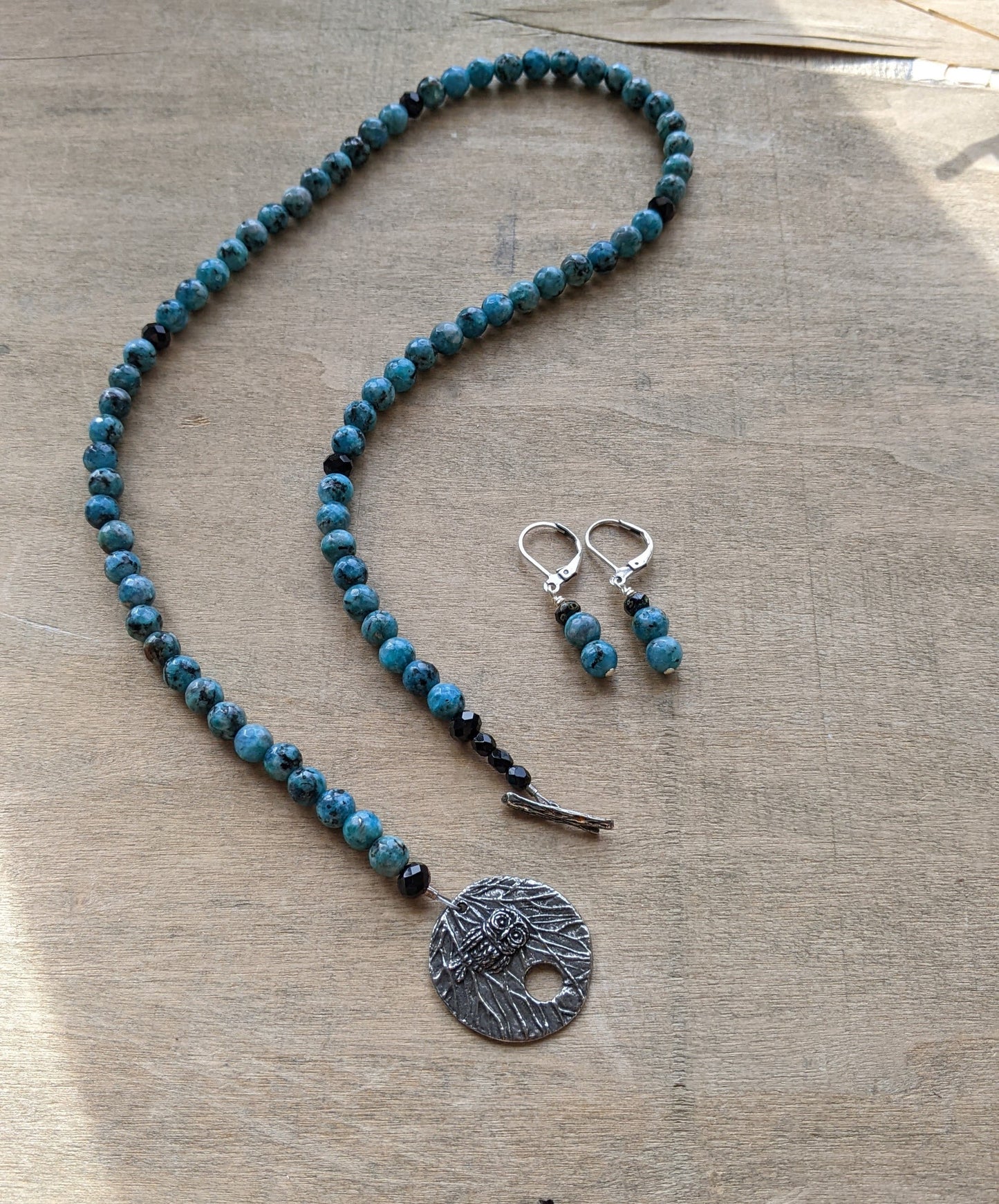 Beaded Necklace ~ Blue Agate with Owl Focal