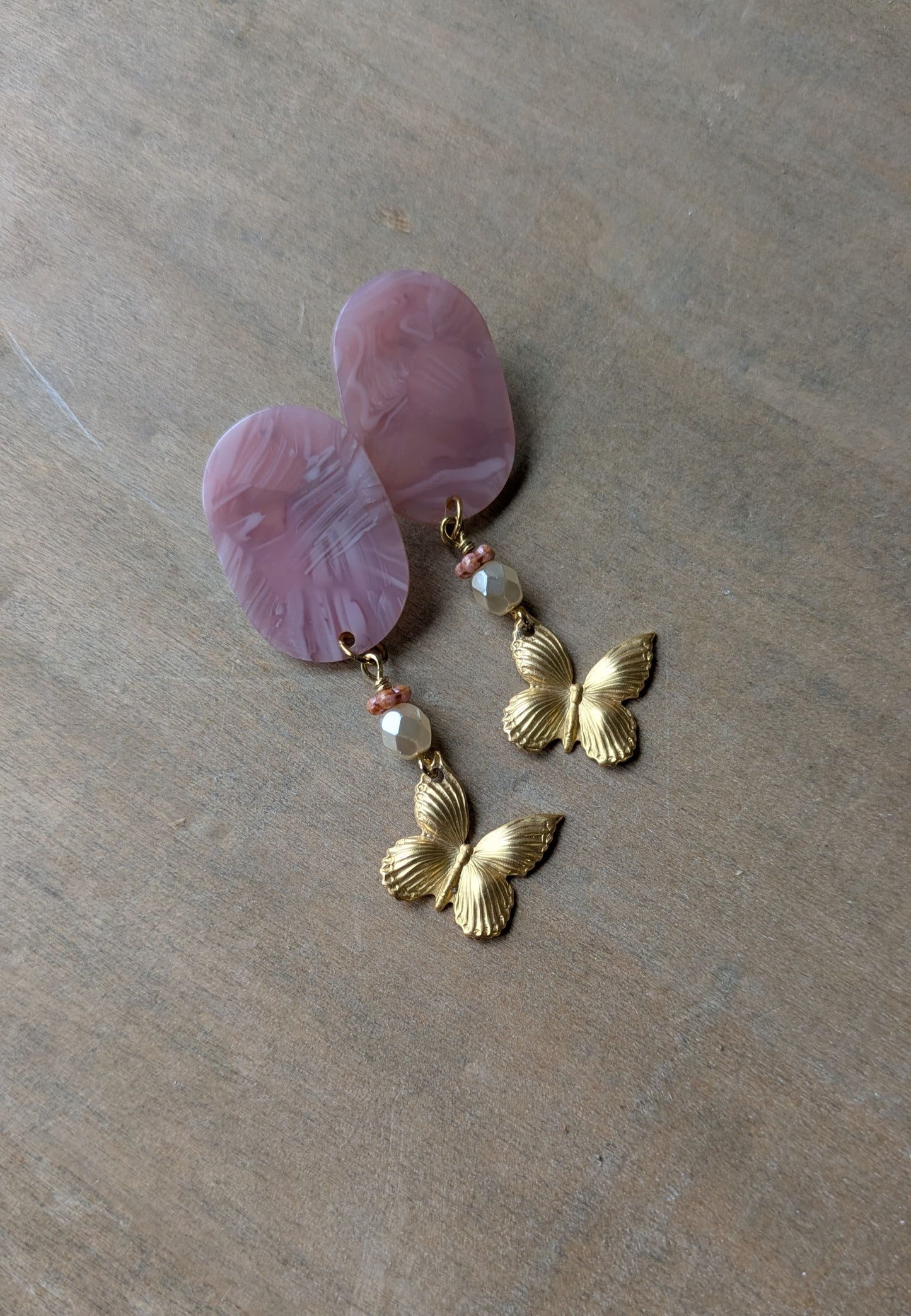 Butterfly Earrings ~ Pink Resin and Brass