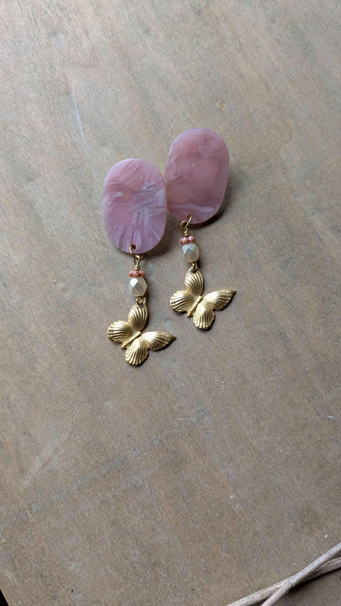 Butterfly Earrings ~ Pink Resin and Brass