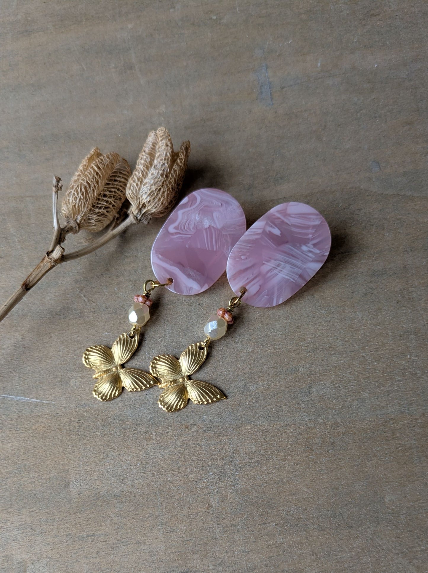 Butterfly Earrings ~ Pink Resin and Brass