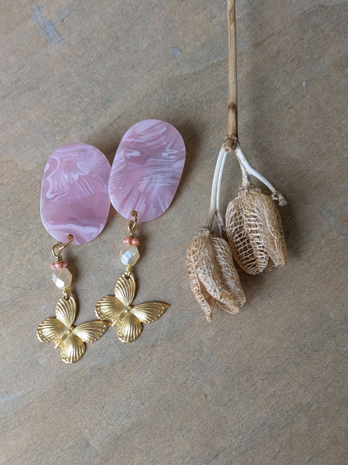 Butterfly Earrings ~ Pink Resin and Brass