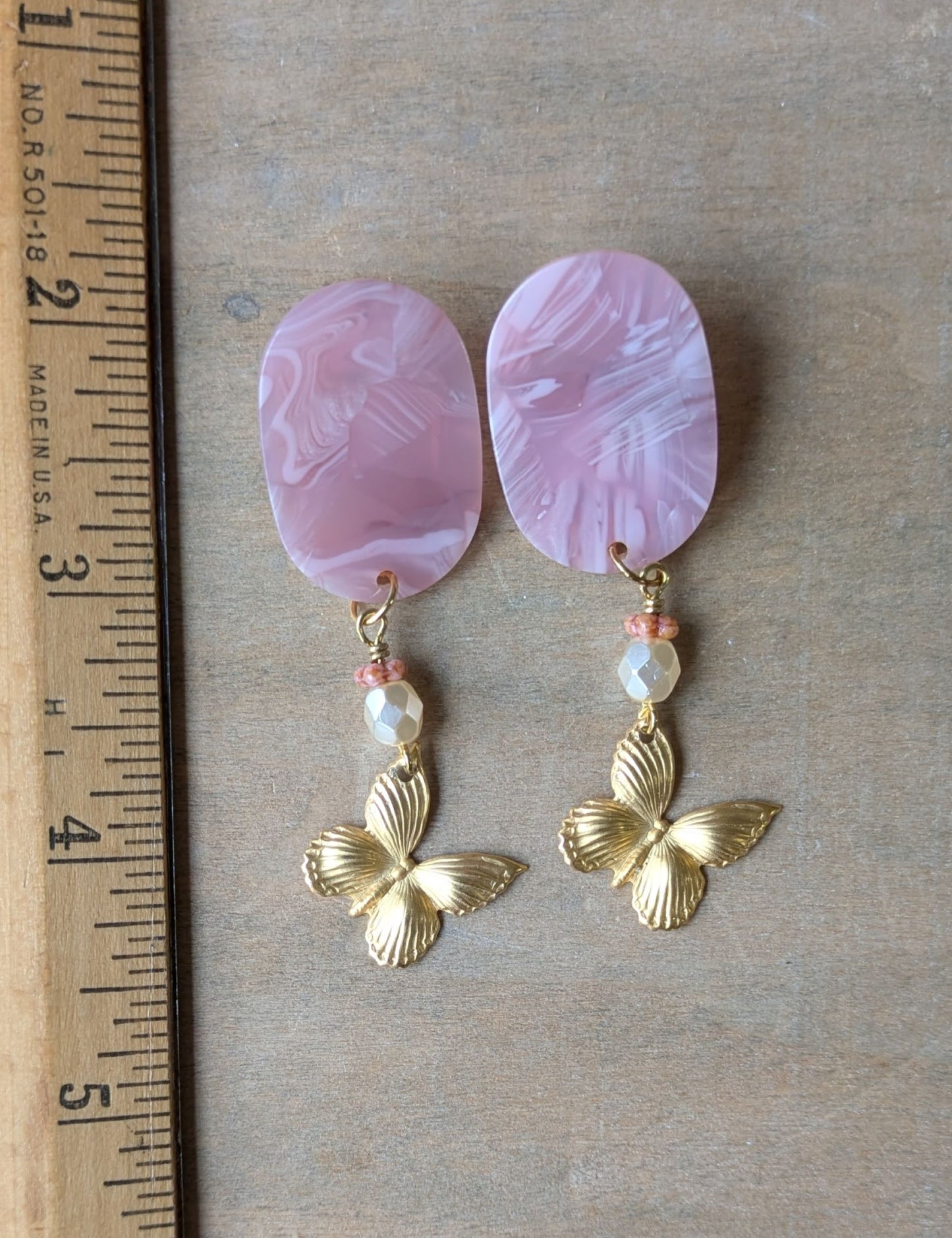 Butterfly Earrings ~ Pink Resin and Brass
