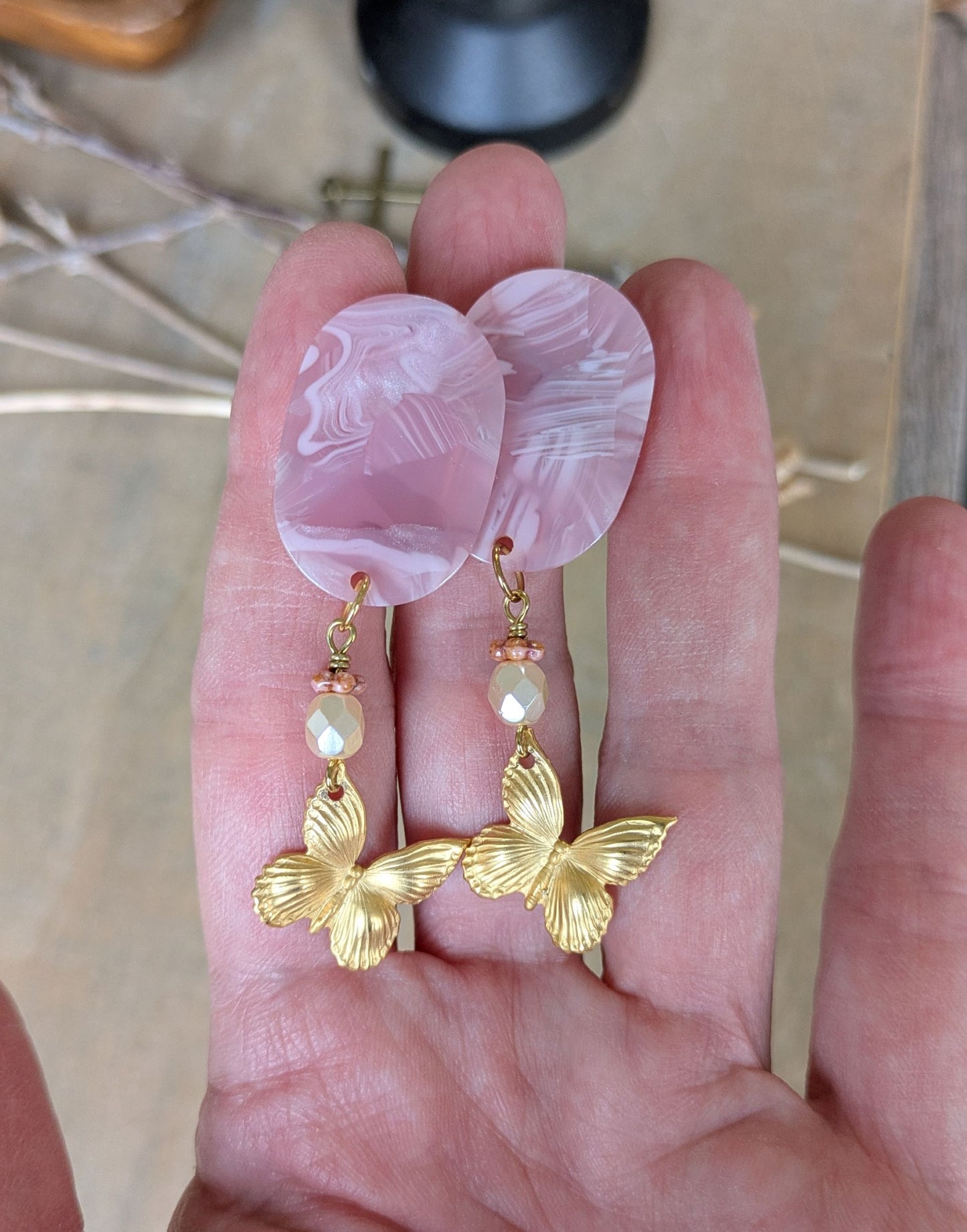 Butterfly Earrings ~ Pink Resin and Brass