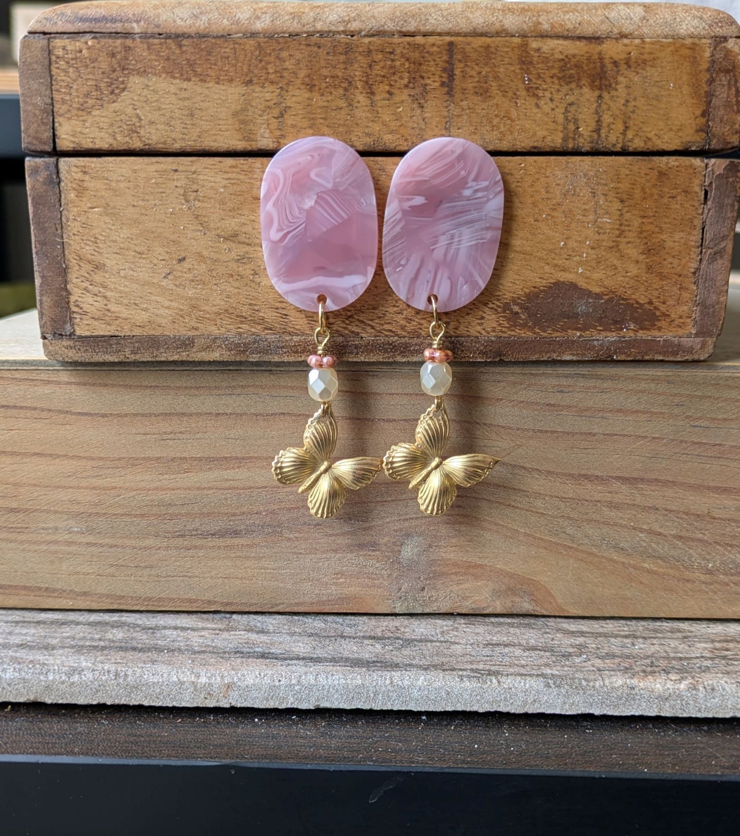 Butterfly Earrings ~ Pink Resin and Brass