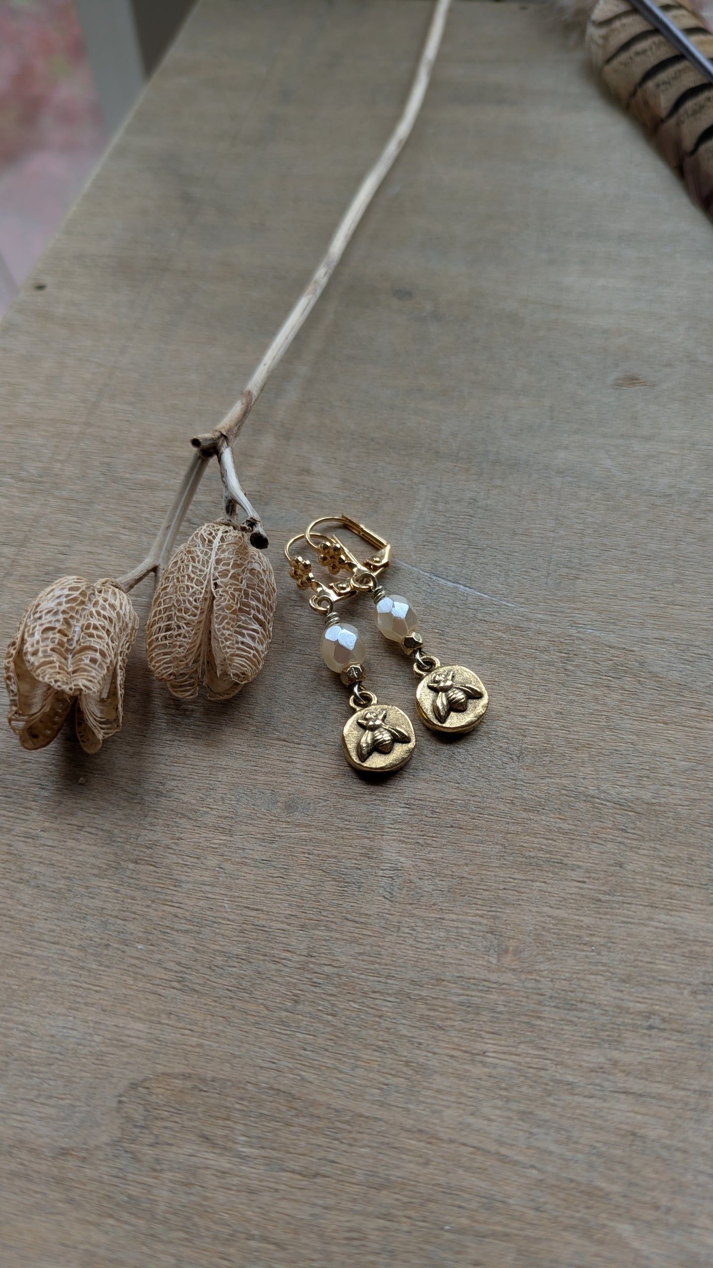 Delicate Bee Earrings ~ Cream and Brass