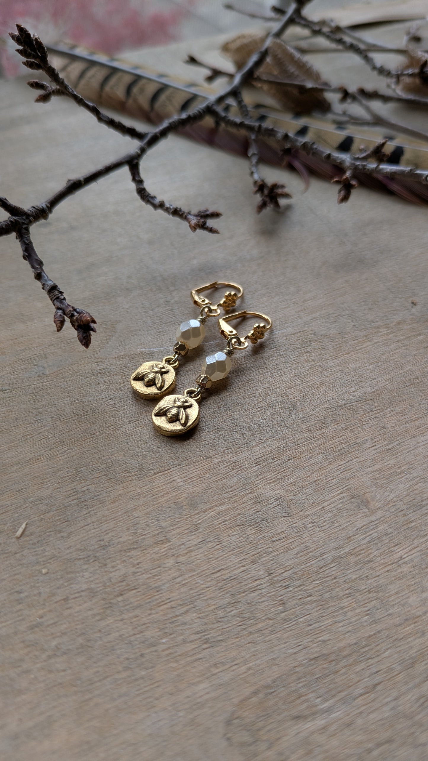 Delicate Bee Earrings ~ Cream and Brass