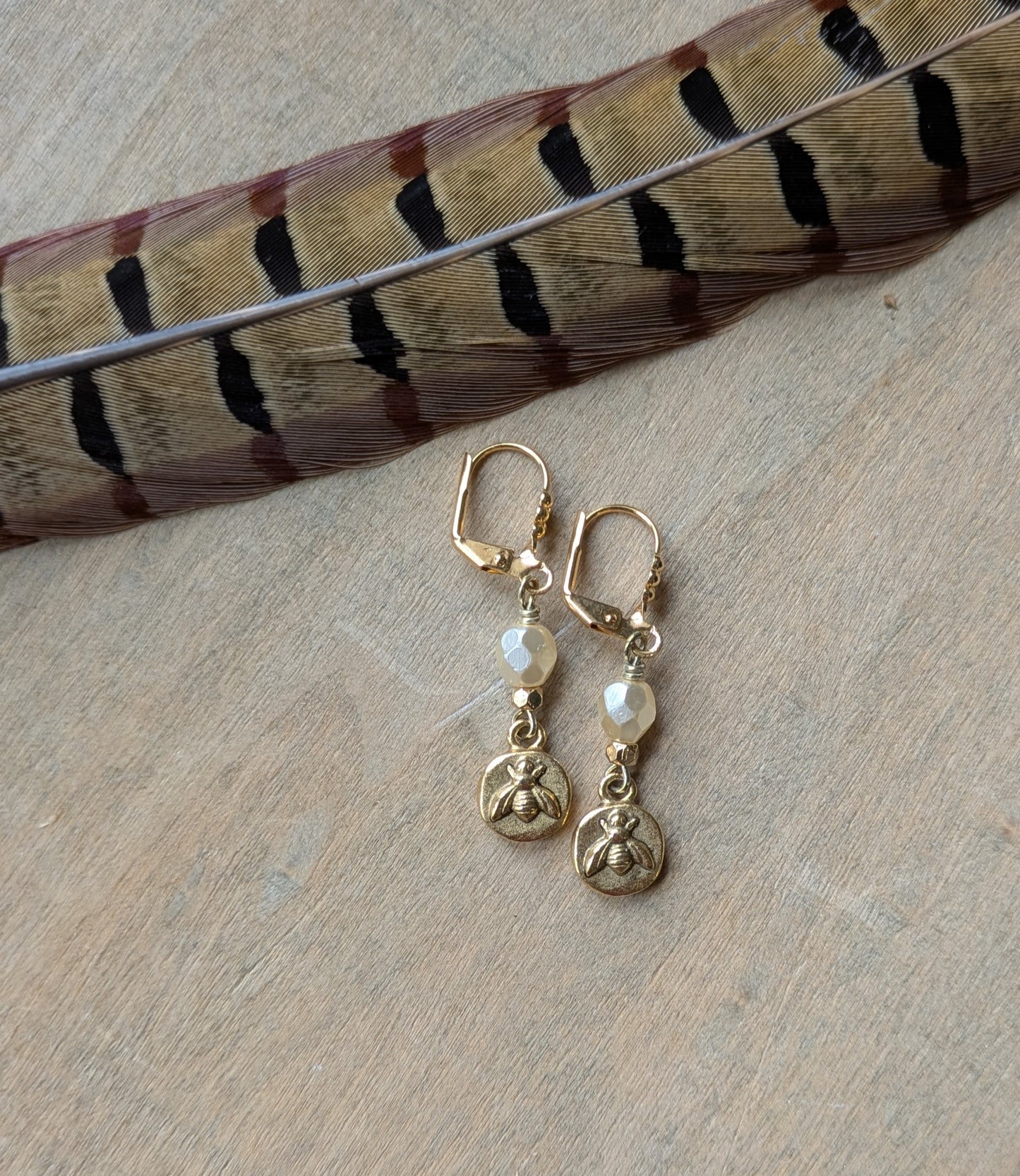 Delicate Bee Earrings ~ Cream and Brass