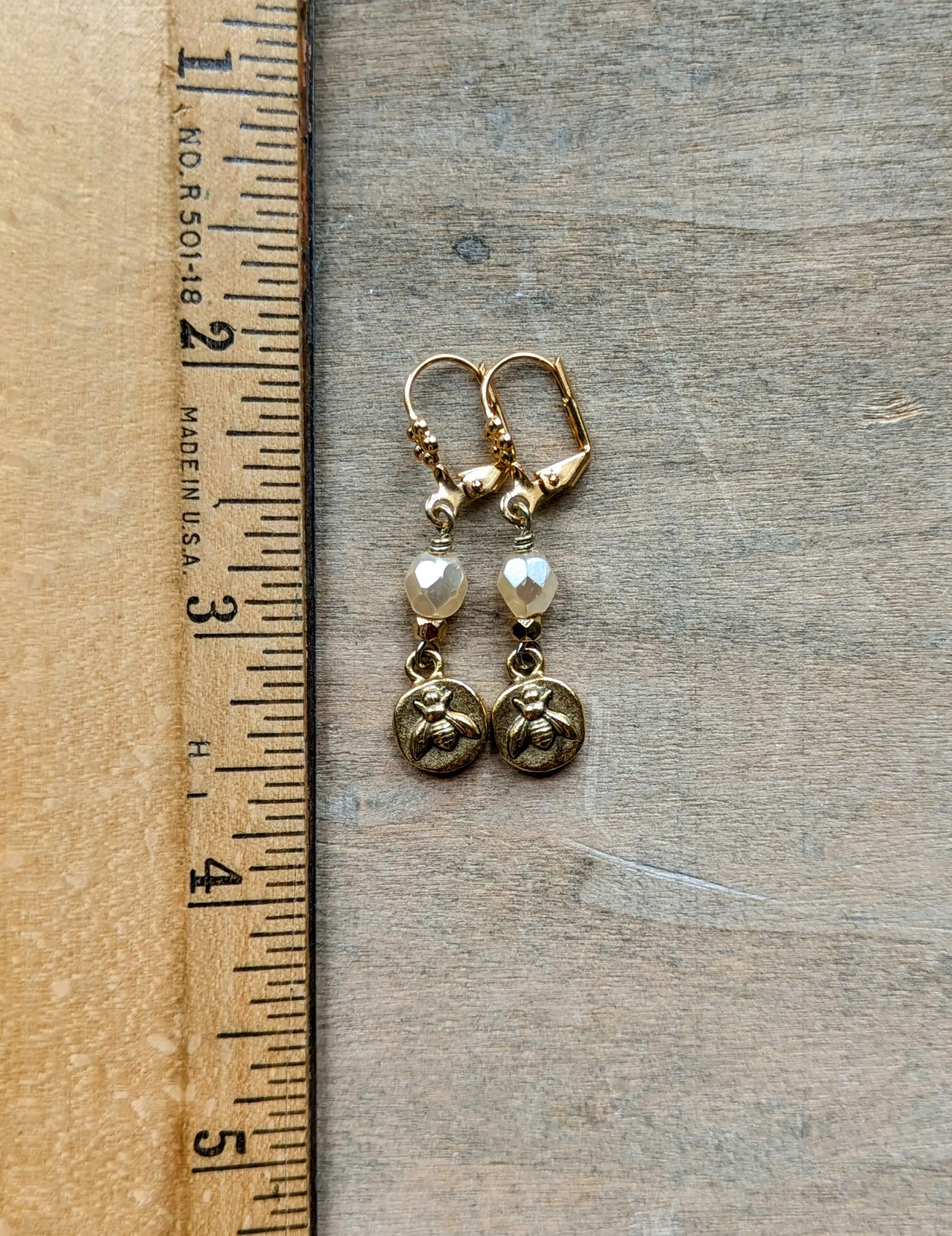 Delicate Bee Earrings ~ Cream and Brass