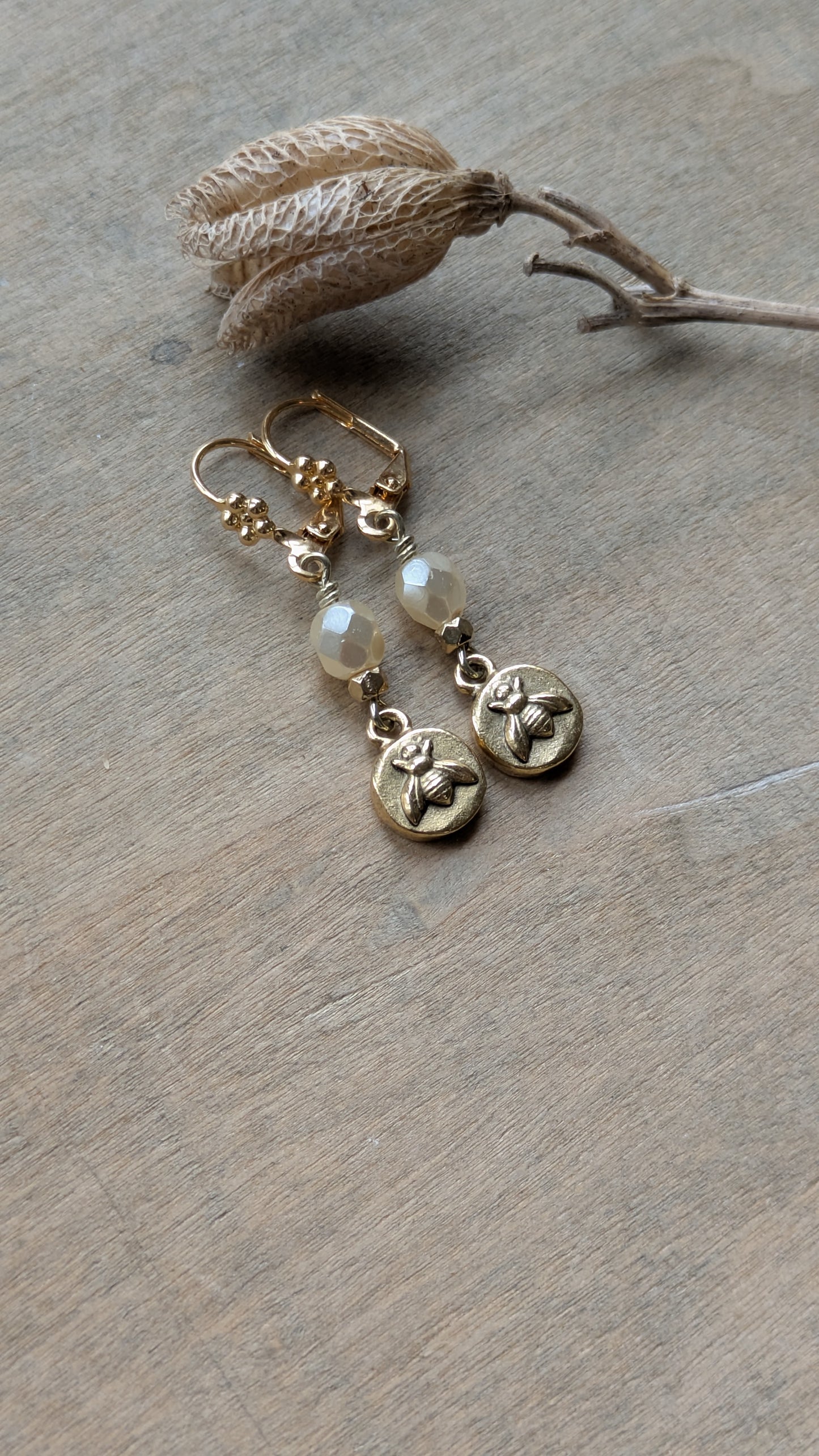 Delicate Bee Earrings ~ Cream and Brass