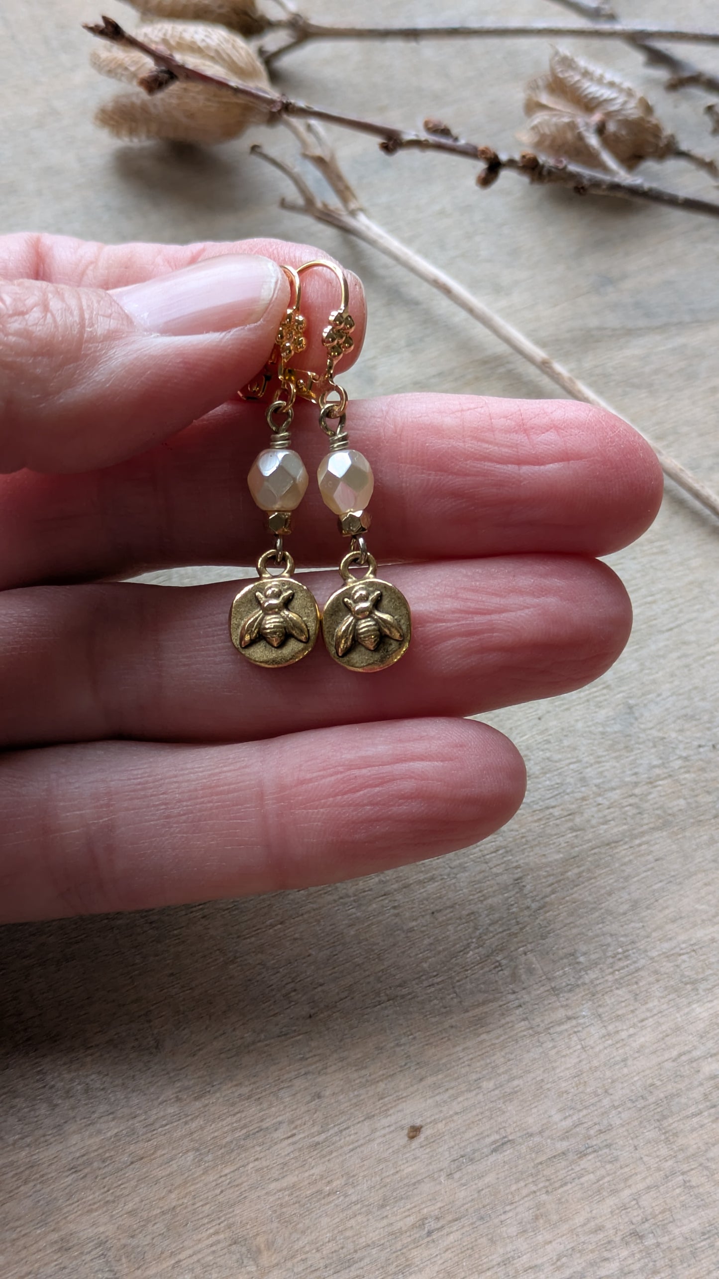 Delicate Bee Earrings ~ Cream and Brass