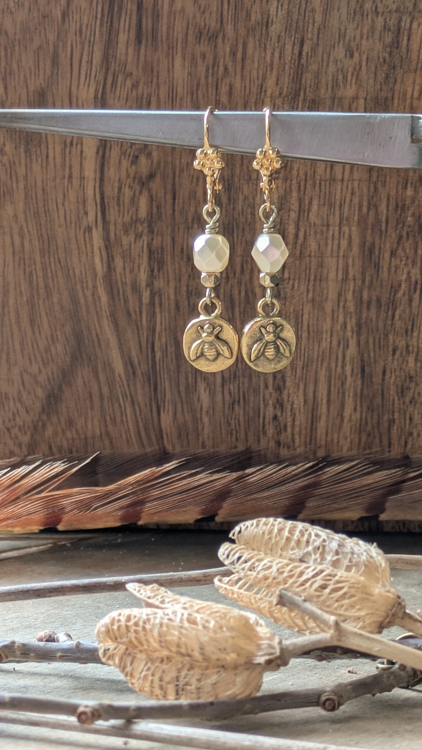 Delicate Bee Earrings ~ Cream and Brass