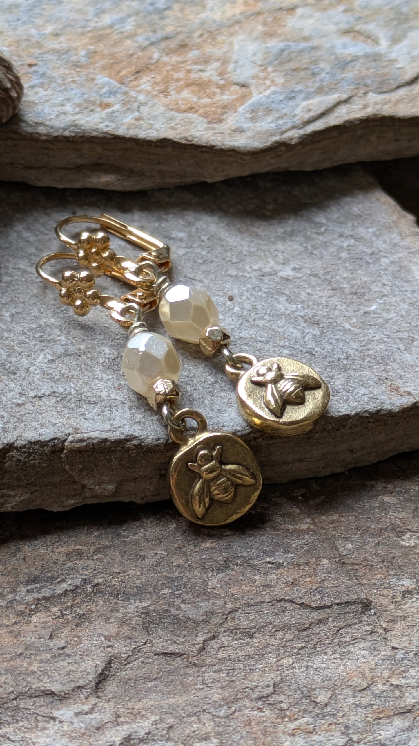 Delicate Bee Earrings ~ Cream and Brass