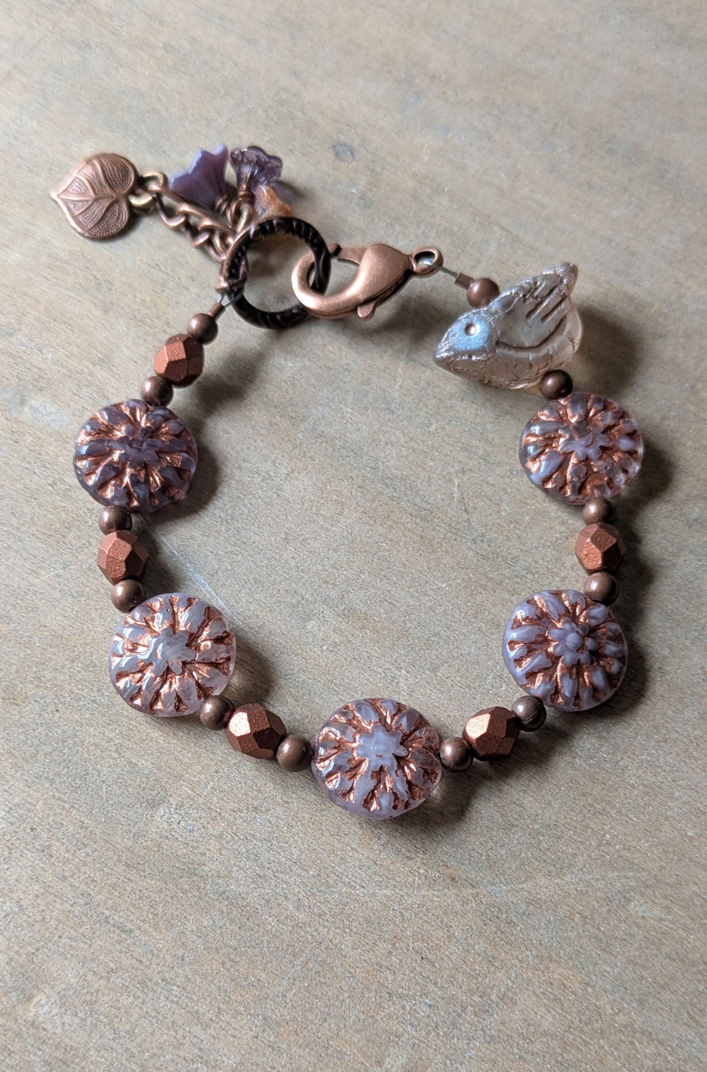 Beaded Bracelet ~ Bird Among the Flowers ~ Purple and Copper